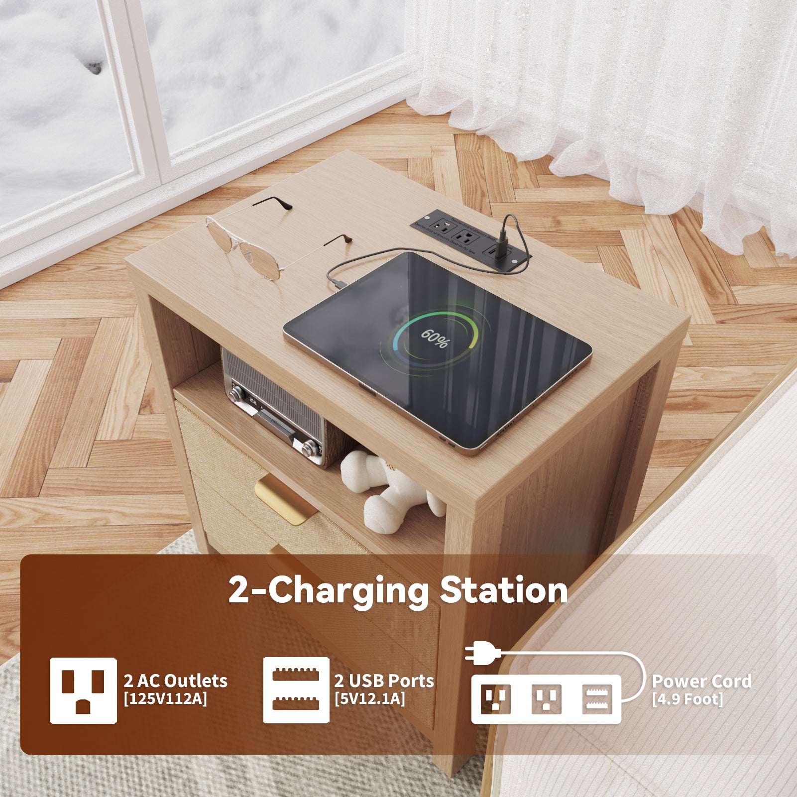 Natural Oak Wood Nightstand with Charging Station 2 Drawers Storage Shelf Bedside Table Modern Farmhouse End Table USB Ports Bedroom