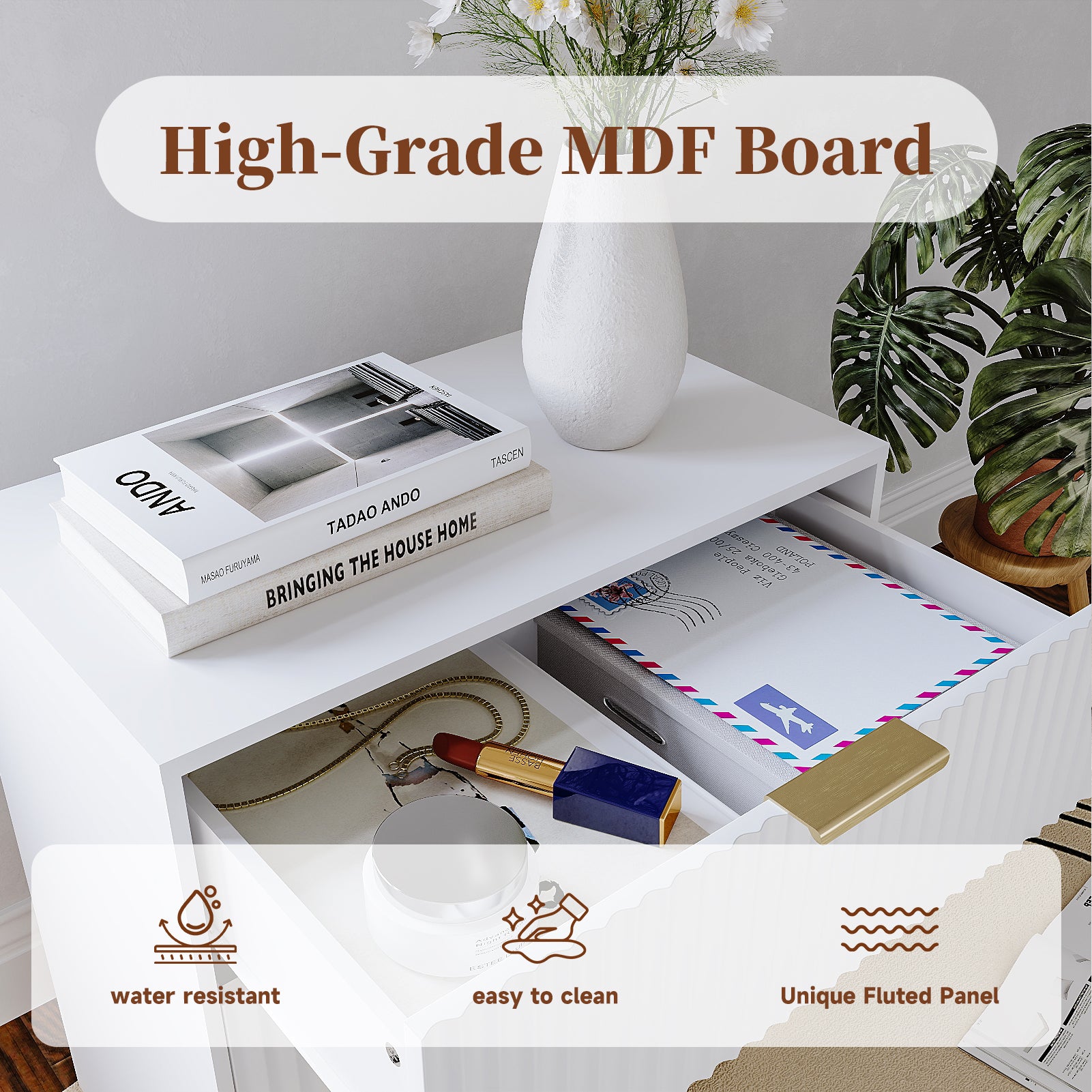 27" Wide Fluted Night Stand 3 Drawers Large End Table with Storage White Nightstand Wood Bedside Tables Farmhouse Cabinet Dresser for Bedroom Closet