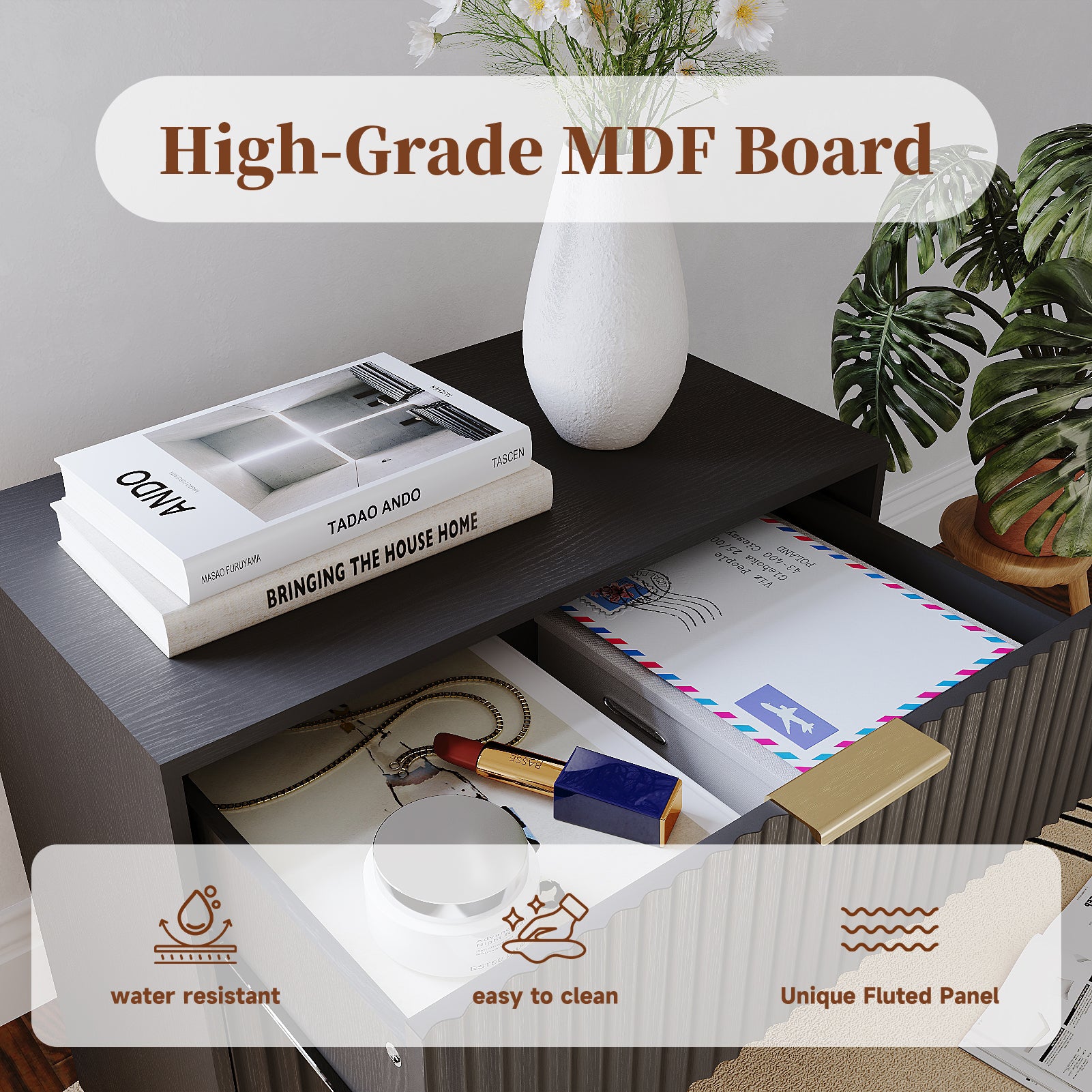 27" Wide Fluted Night Stand 3 Drawers Large End Table with Storage Black Nightstand Wood Bedside Tables Farmhouse Cabinet Dresser for Bedroom Closet