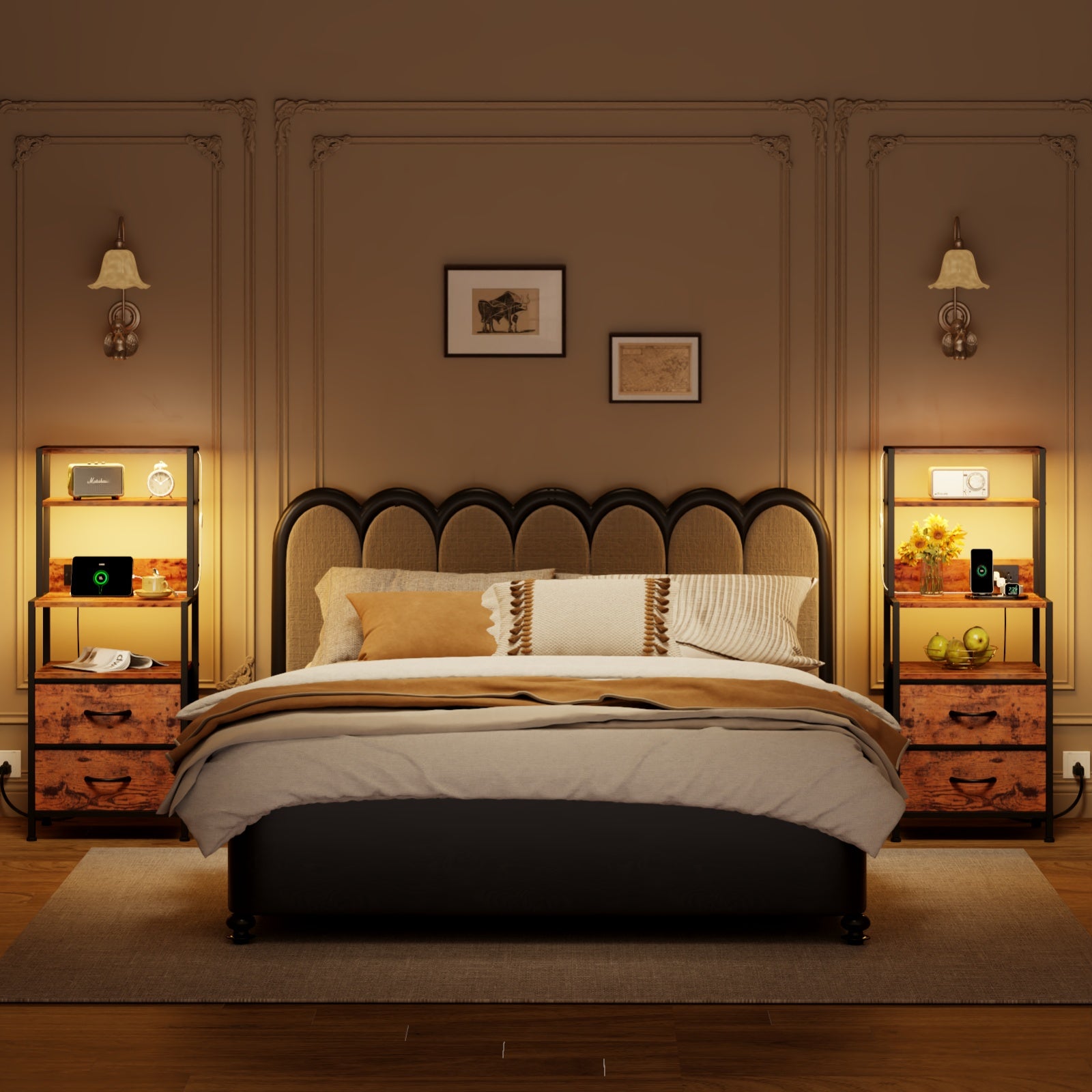 Furnulem Night Stand, Tall Nightstand with 4-Tier Shelves, 2 Fabric Drawers and Light Tube, Bed Side Tables with Charging Station, Bedside Table for Bedroom, Office, Rustic Brown