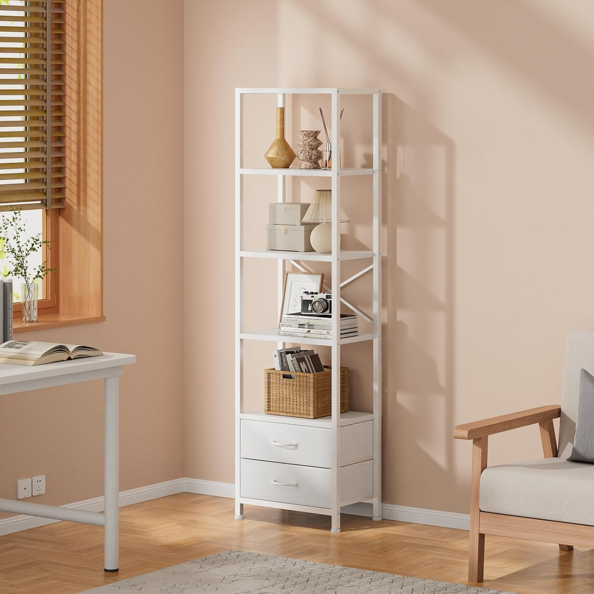 5-Tier Corner Shelf,Tall Narrow Bookshelf with Drawers,White