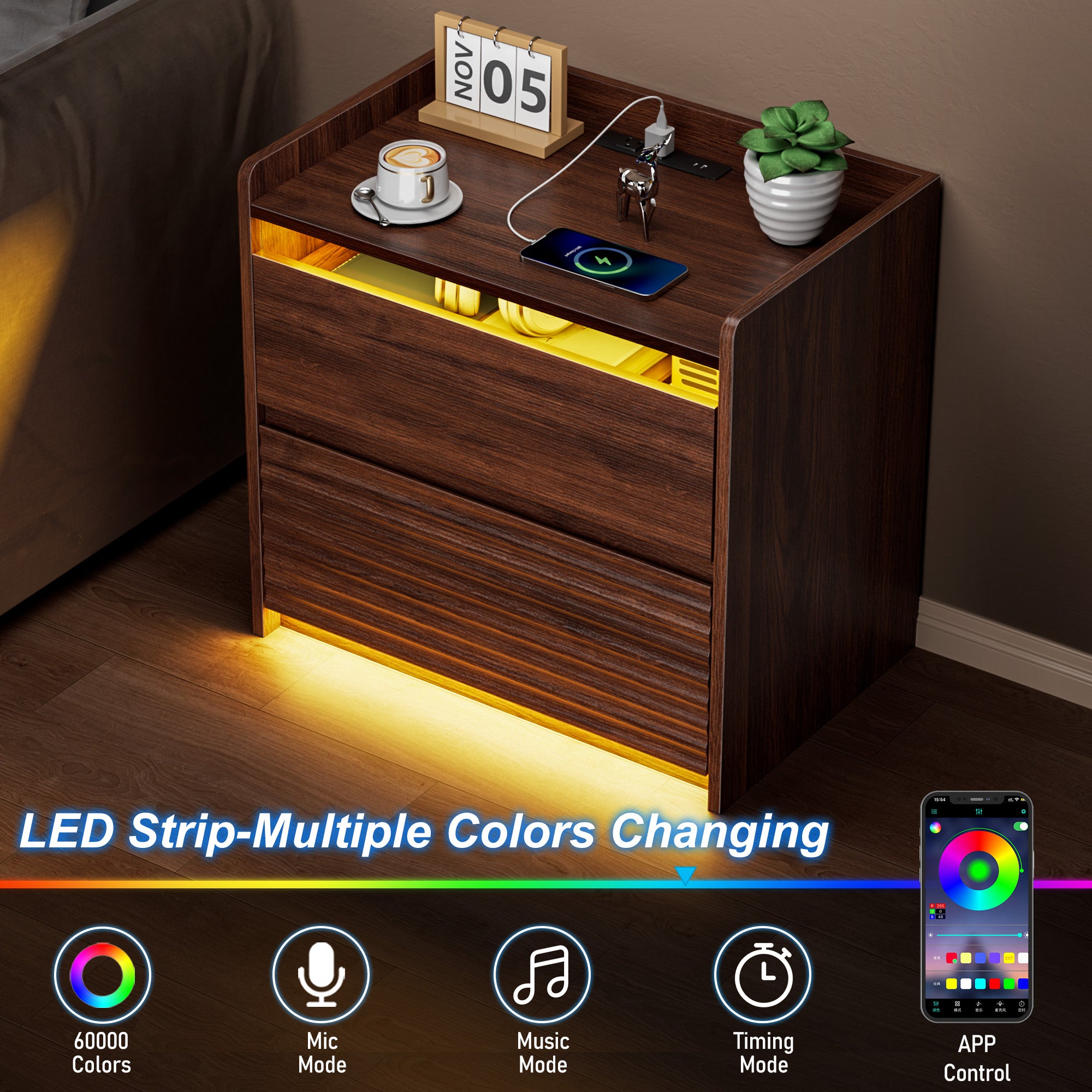 Qwatto Fluted Bedside Nightstand with Charging Station LED Light 2 Drawer Storage Cabinet Walnut Modern Side Table Bedroom Storage Cabinet