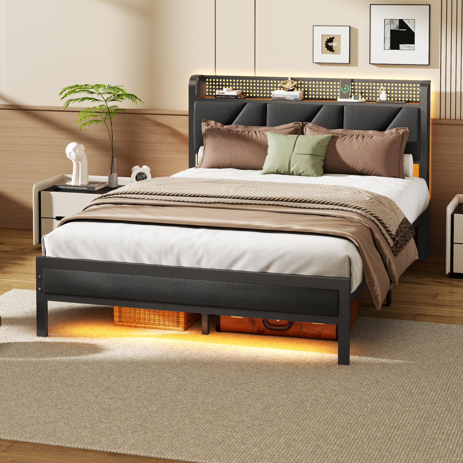 Furnulem Full Size Bed Frame with Grey Upholstered Storage Headboard with Shelf Metal Platform Bed with Heavy Duty Slats No Box Spring Needed