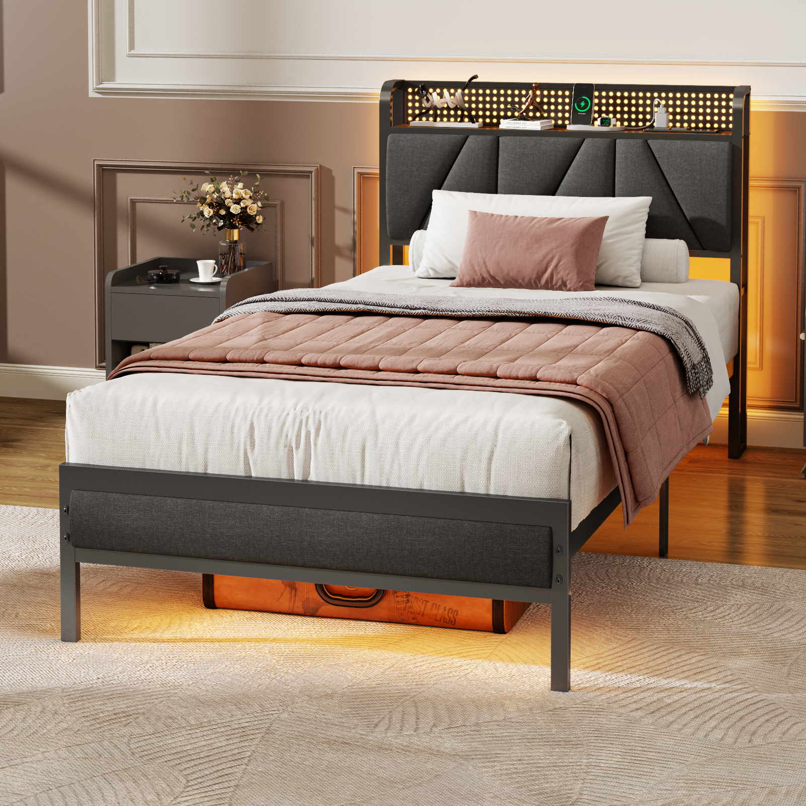 Twin Size Platform Bed Frame LED Lights Charging Station Upholstered Storage Headboard Shelf Heavy Duty Metal No Box Spring Needed Gaming Kids