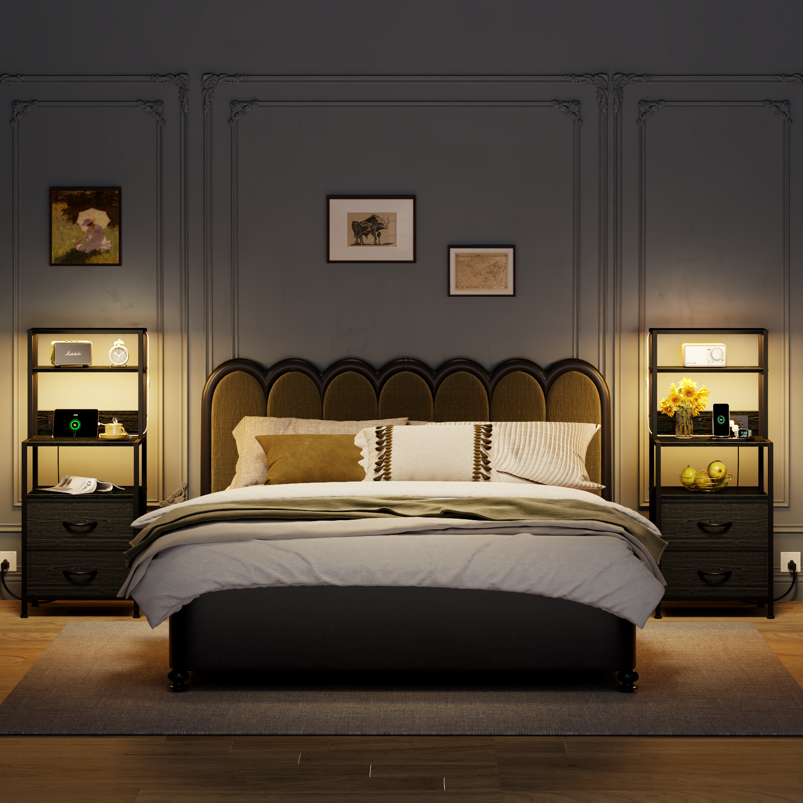 Furnulem Night Stand, Tall Nightstand with 4-Tier Shelves, 2 Fabric Drawers and Light Tube, Bed Side Tables with Charging Station, Bedside Table for Bedroom, Office, Rustic Brown