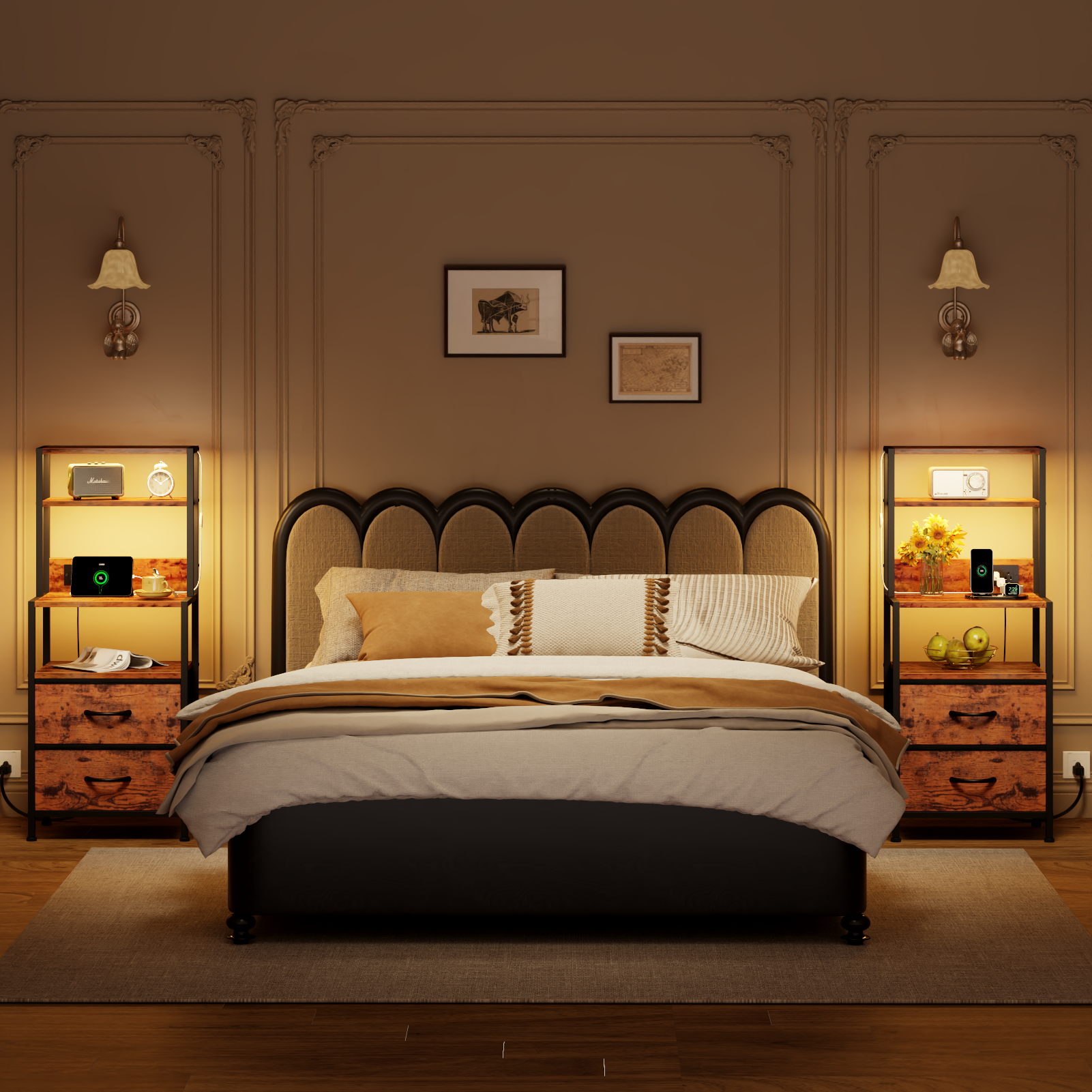 Tall Brown Nightstand 4 Tier Storage Shelves 2 PU Fabric Drawers Modern Bedside Table Narrow Accent Side End Table Organizer for Bedroom Living Room