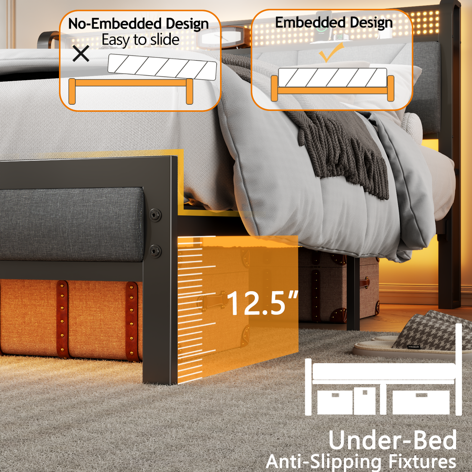 Furnulem Queen Size Bed Frame with Headboard and LED Lights, Upholstered Bedframe with Charging Station and USB Port No Box Spring Needed