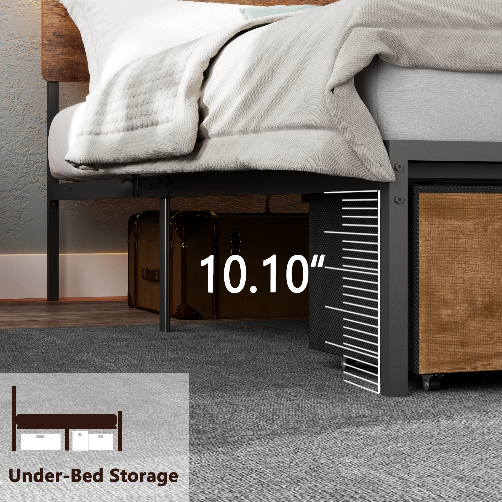 Full Size Bed Frame with Wood Headboard Metal Platform Bed with 2 Storage Drawers Shelf Built in Charging Station LED Lights No Box Spring Needed