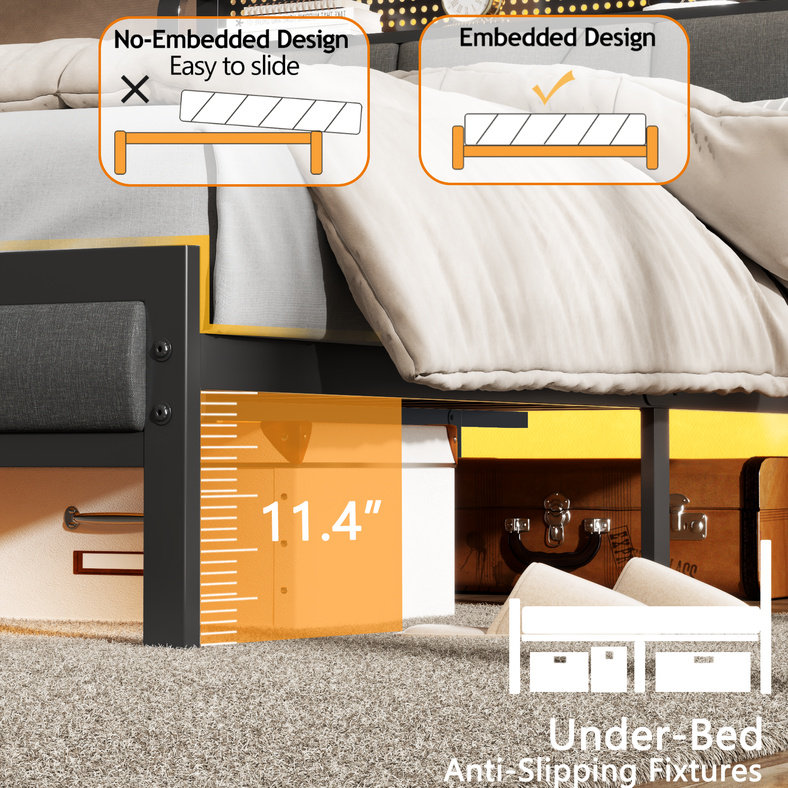 Furnulem Full Bed Frame with LED Lights,Headboard with Charging Station and USB Port,Upholstered Platform Bedframe Metal Support,No Box Spring Needed