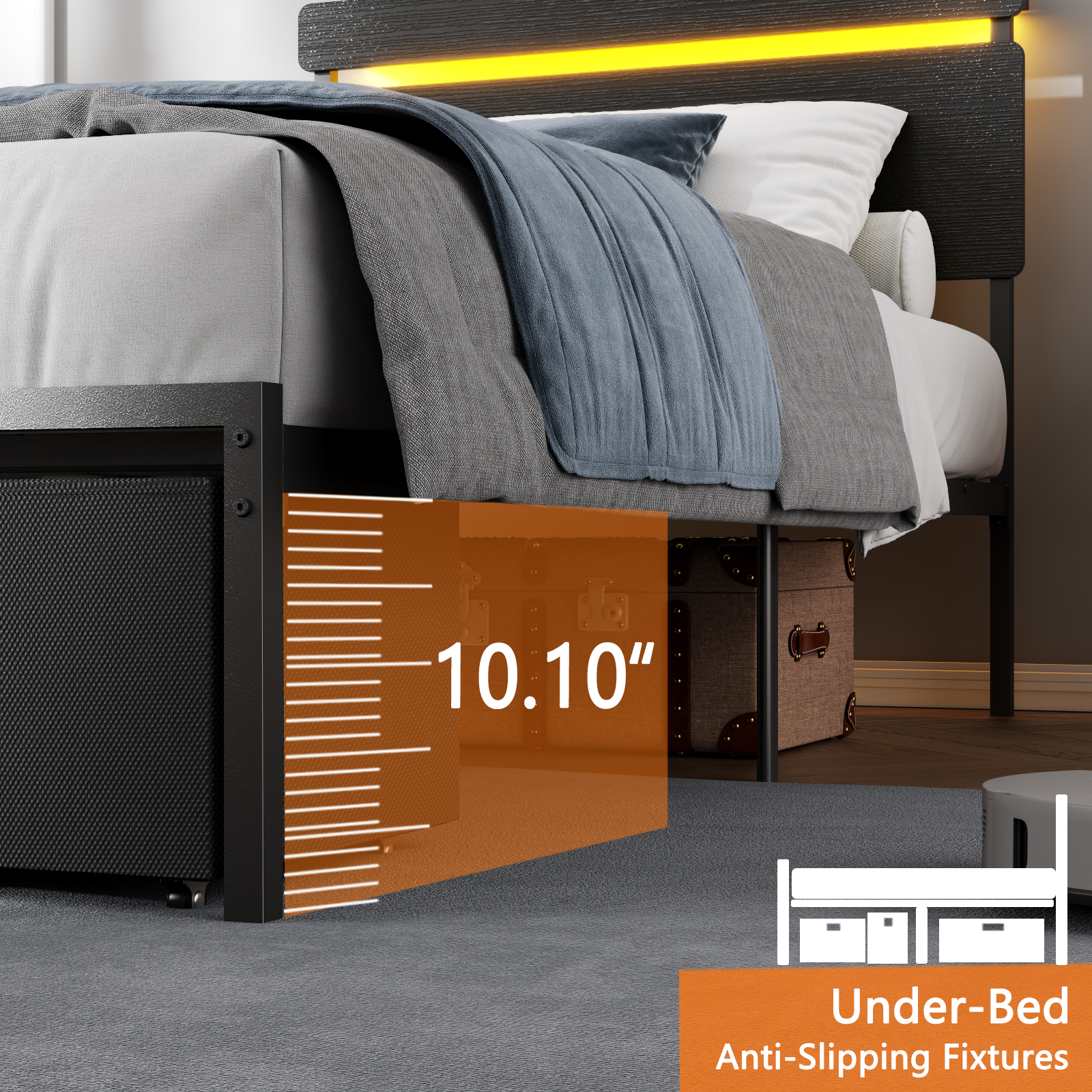 Twin Bed Frame with Wood Headboard Metal Platform Bed with 2 Storage Drawers Shelf Built-in Charging Station LED Lights No Box Spring Needed Black