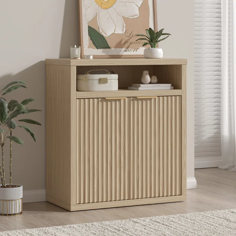 Fluted Sideboard Buffet Cabinet with Storage with 2 Doors and Adjustable Shelves Small Wood Coffee Buffet Table for Living Room Dining Room Entryway