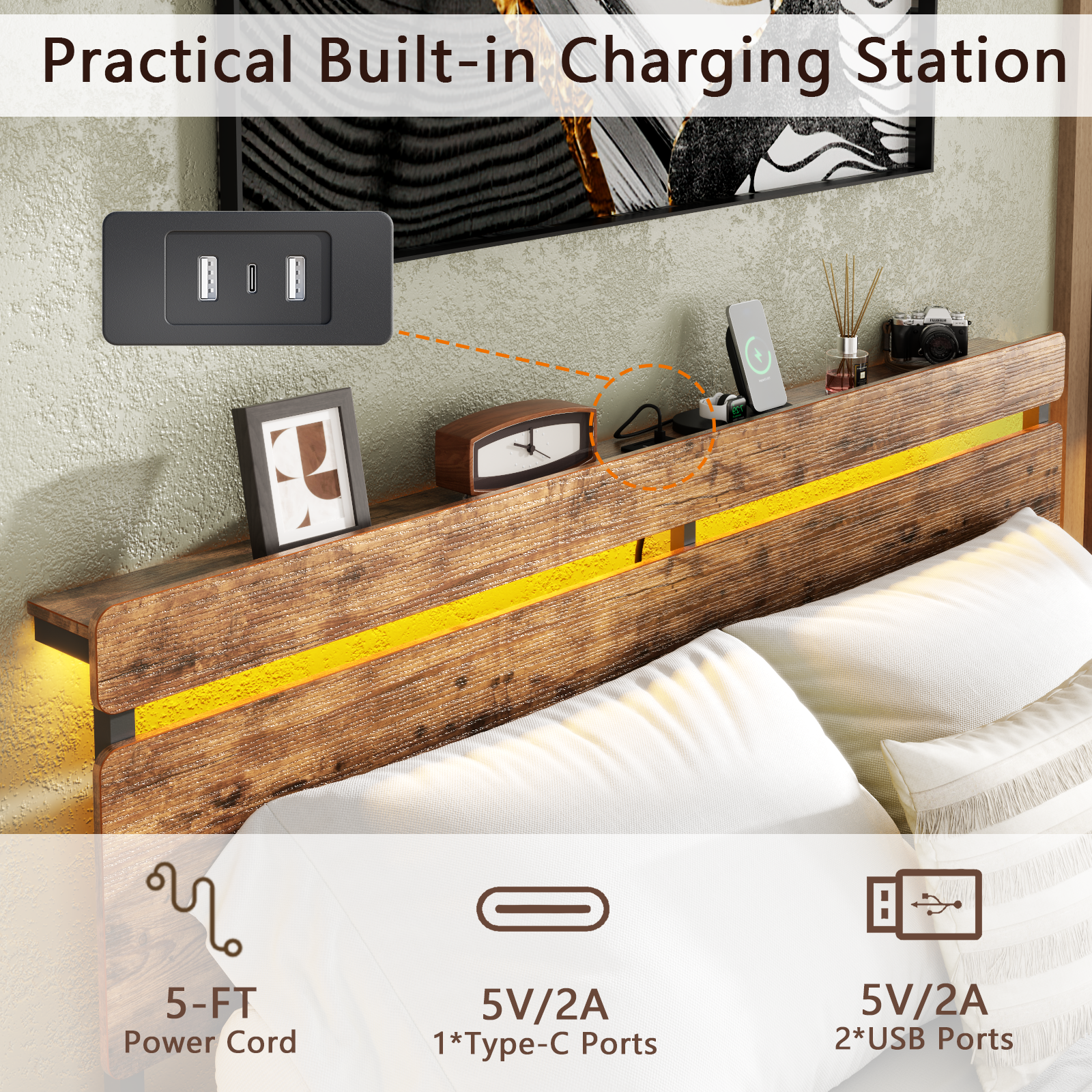 Queen Bed Frame with Wood Headboard Metal Platform Bed with 2 Storage Drawers Shelf Built-in Charging Station LED Lights No Box Spring Needed