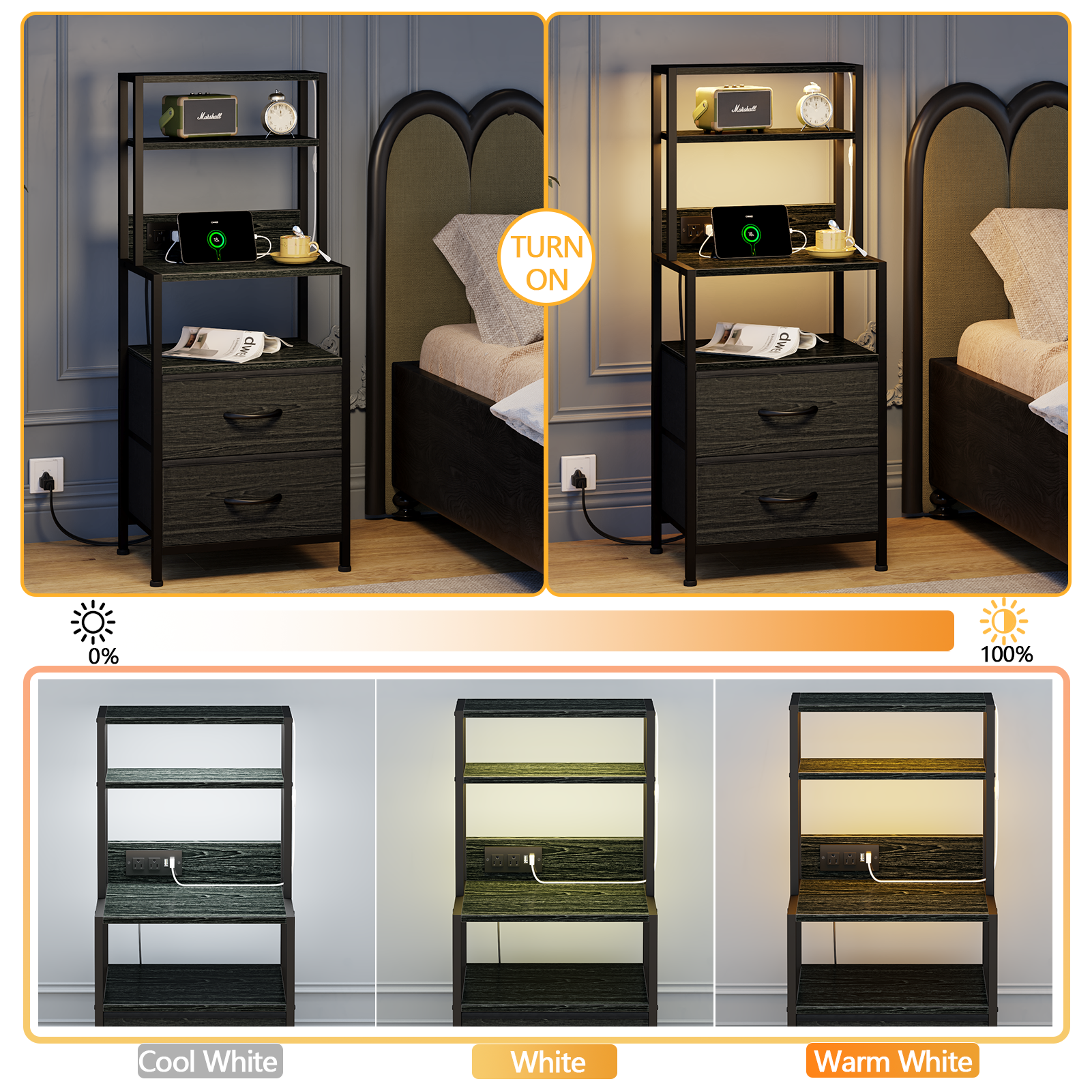 Tall Black Nightstand 4 Tier Storage Shelves 2 PU Fabric Drawers Modern Bedside Table Narrow Accent Side End Table Organizer for Bedroom Living Room