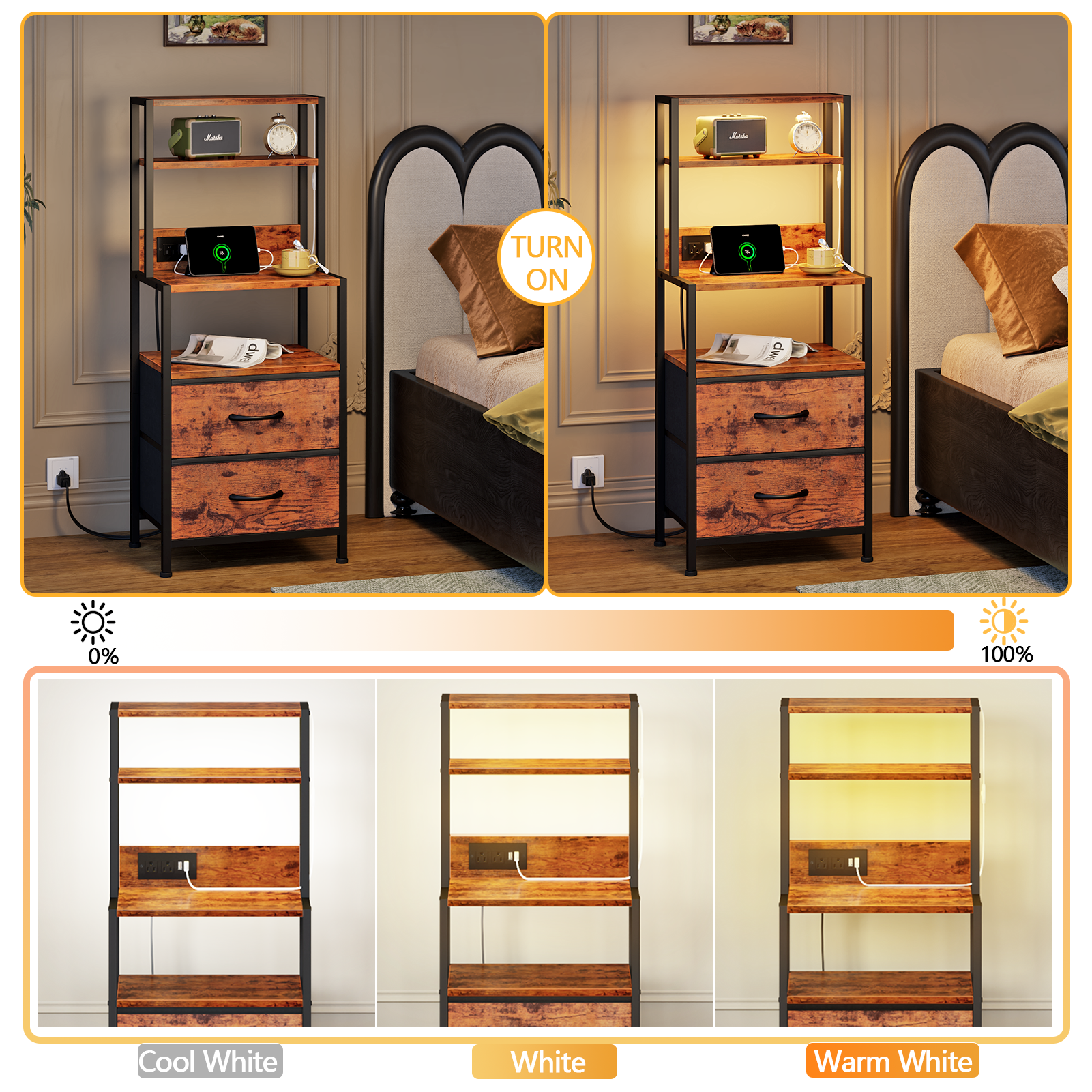 Tall Brown Nightstand 4 Tier Storage Shelves 2 PU Fabric Drawers Modern Bedside Table Narrow Accent Side End Table Organizer for Bedroom Living Room