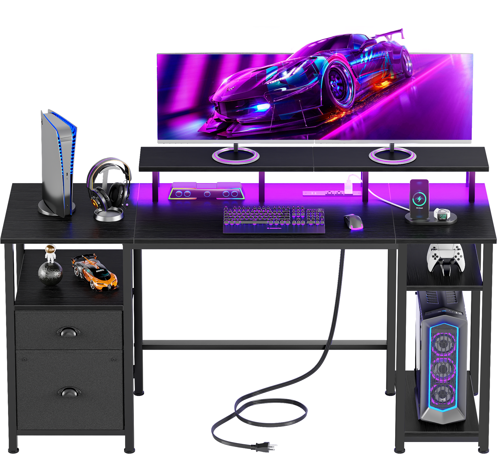 61 Inch Black Computer Desk with Charging Station Reversible Gaming Desk LED Lights File Cabinet Monitor Stand Storage Shelves Home Office