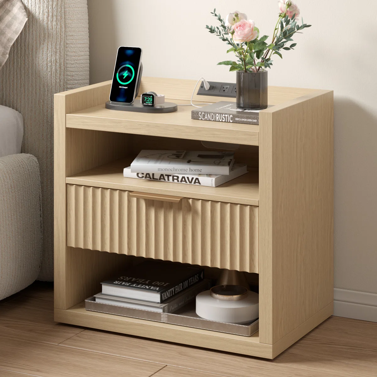 Modern Wood End Table with Charging Station 1 Drawer Side Table USB Ports Nightstand Large Storage Bedroom Living Room Accent Furniture Home