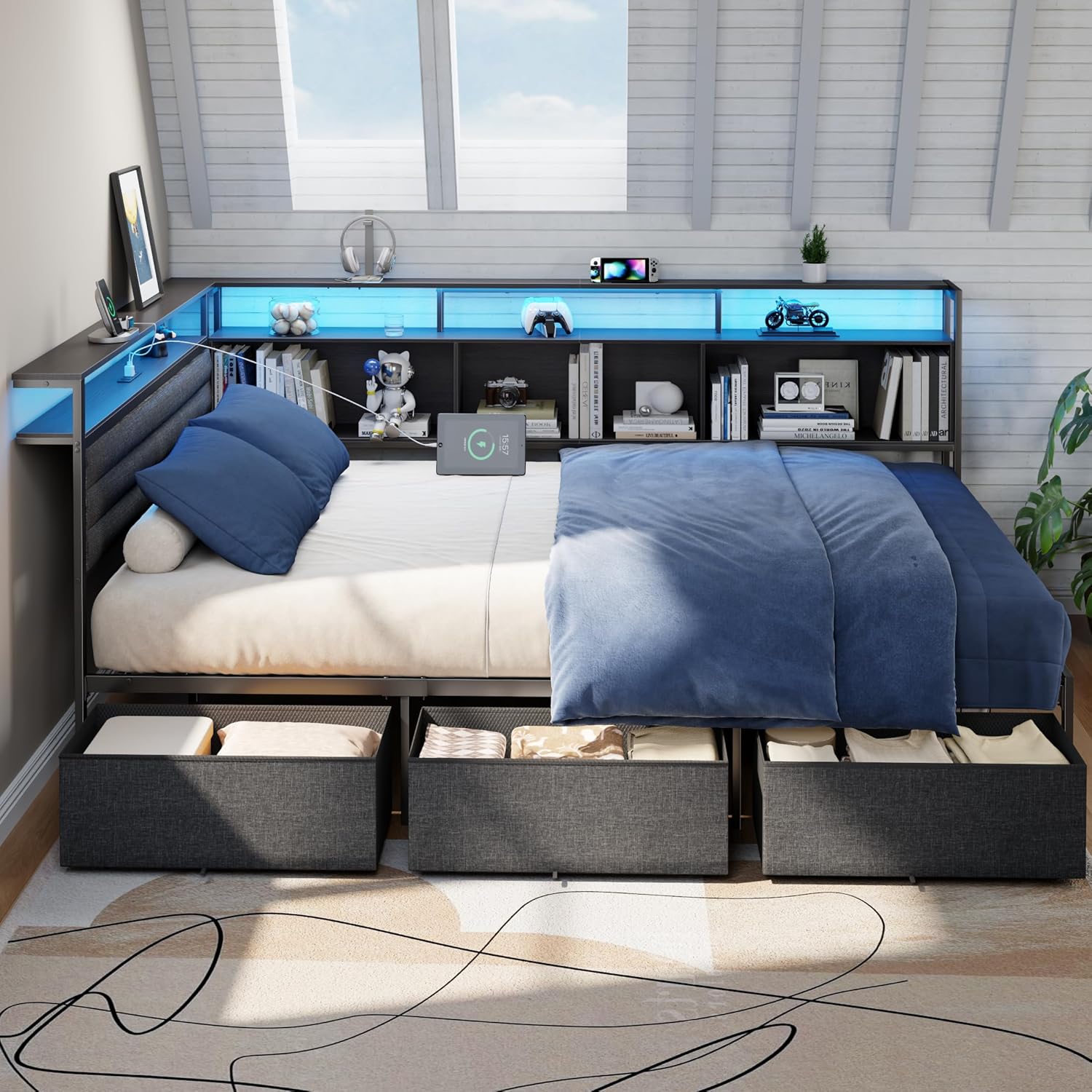 Furnulem Full Size Bed Frame with Headboard and Storage Drawers Full Metal Platform Corner Bed Frame with Charging Station and LED Lights
