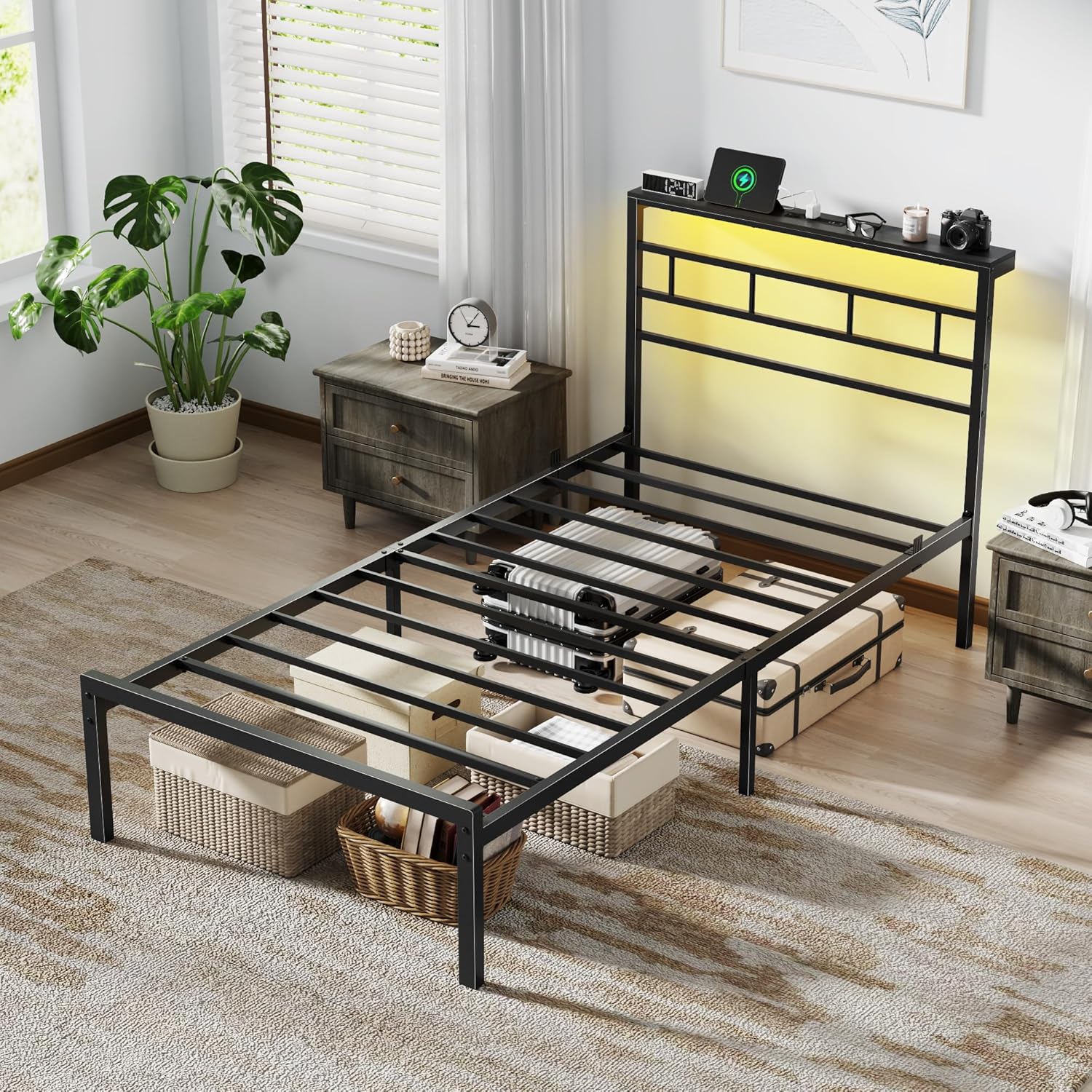 Twin Bed Frames with Built-in Charging Station and LED Light, Metal Platform Bed with Headboard and Storage Shelf Noise-Free