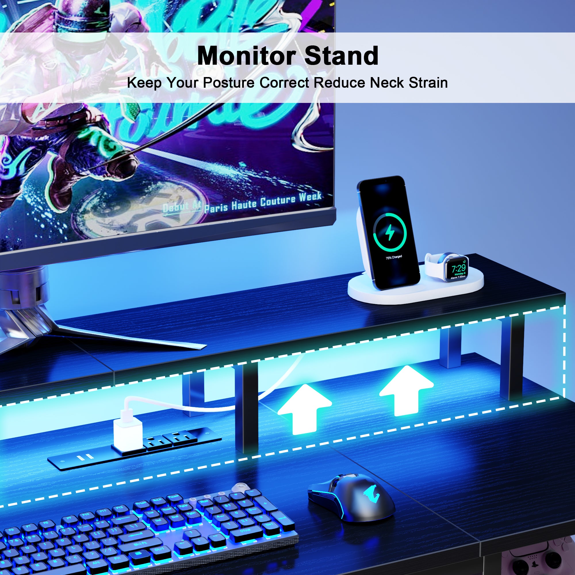 61 Inch Black Computer Desk with Charging Station Reversible Gaming Desk LED Lights File Cabinet Monitor Stand Storage Shelves Home Office