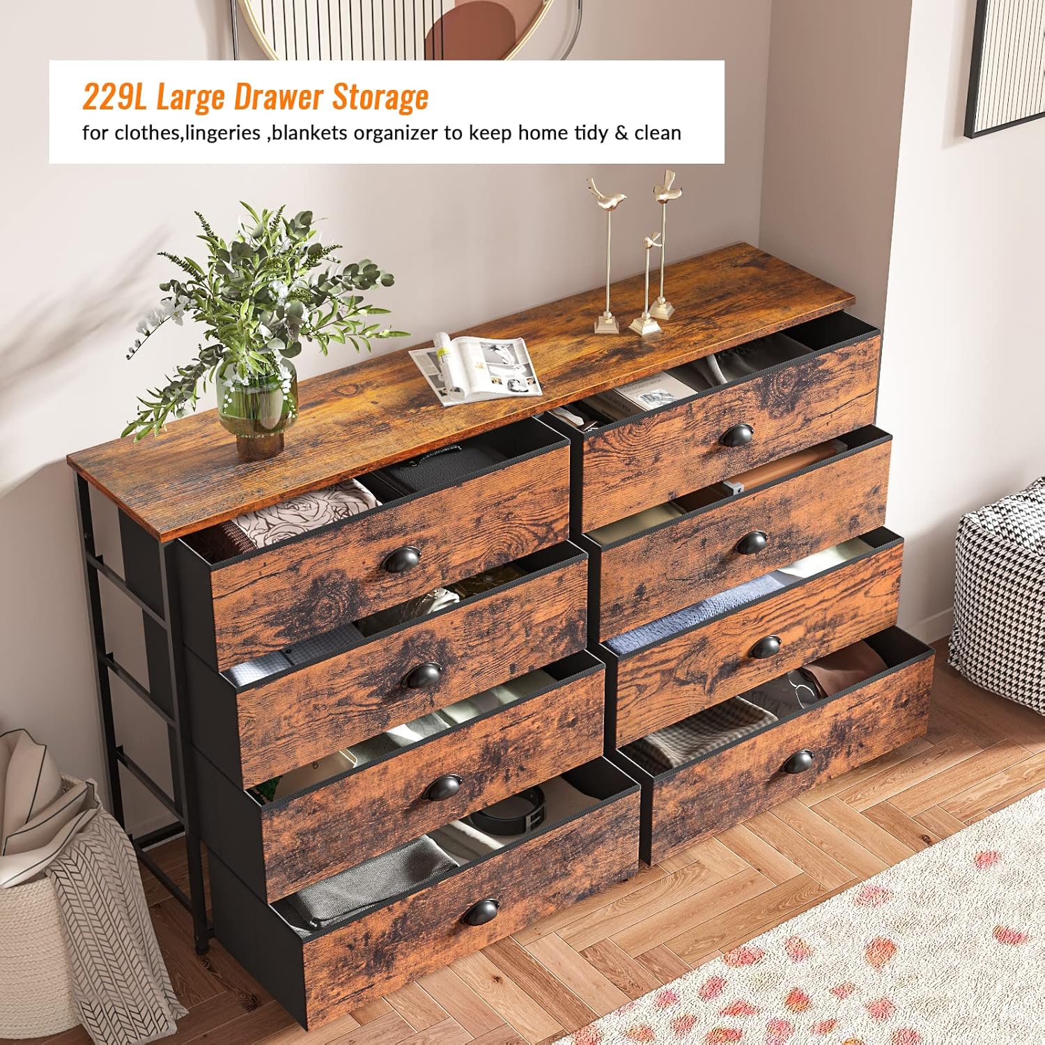 Furnulem Long Dresser for Bedroom TV Stand for 55'' TV Wide Storage Drawer Unit with 8 Fabric Bins Double Dresser for Bedroom Office Closet Entryway