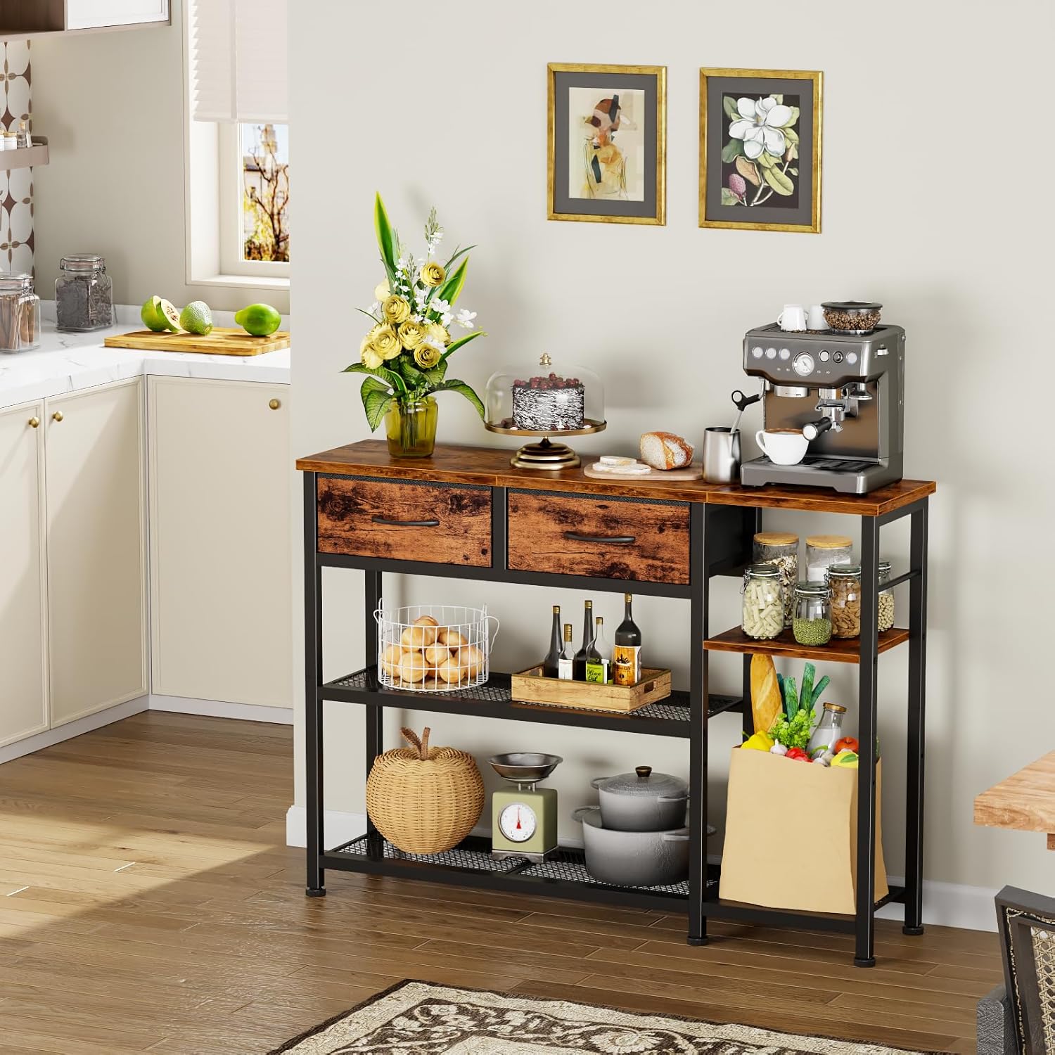 Furnulem 44'' Industrial Entryway Table with Drawers & Shoe Rack, Rustic Console Table with Mesh Shelf