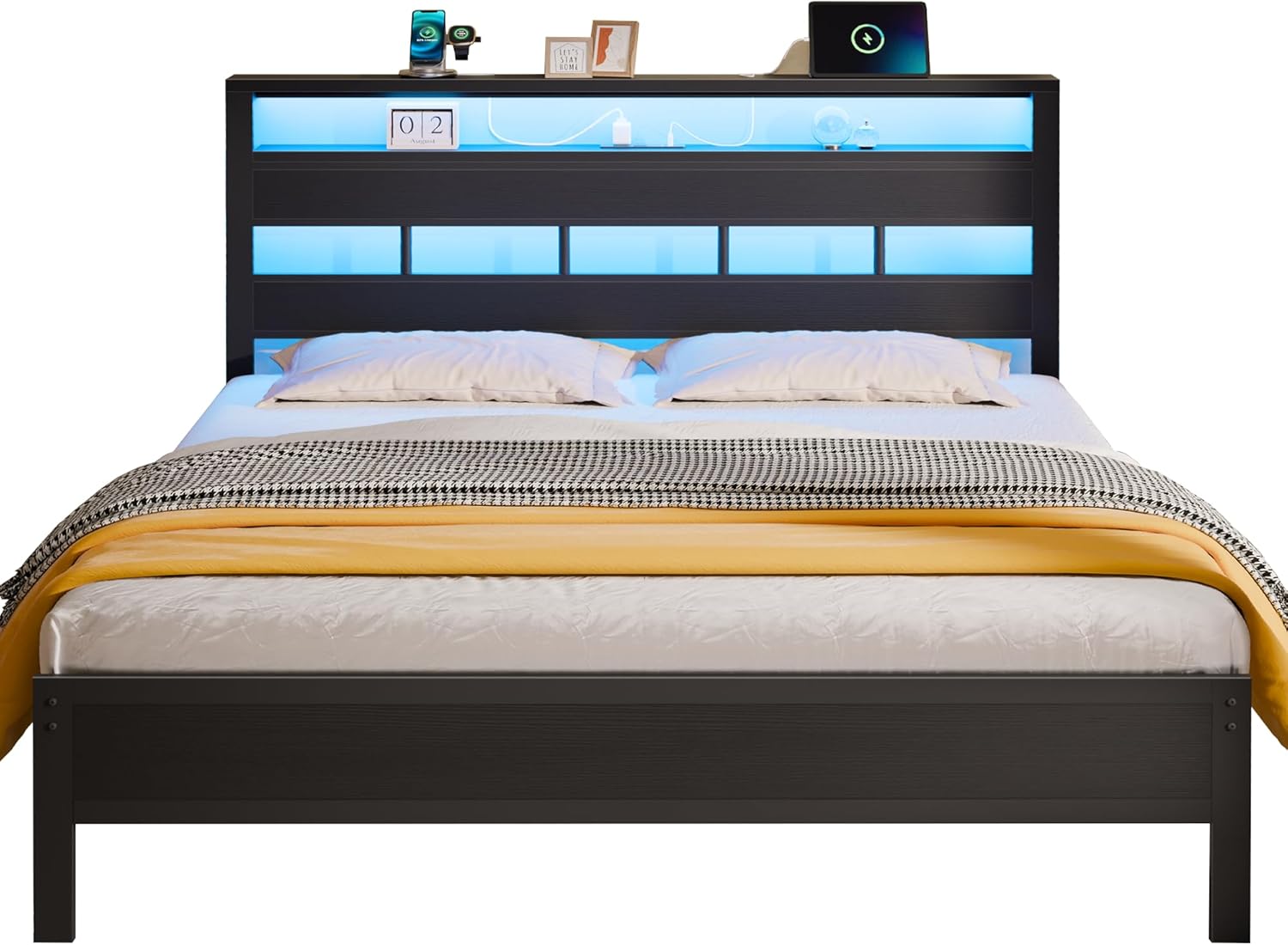 Furnulem Queen Bed Frame with Storage Headboard and LED Lights Metal Bedframe with Charging Station and USB Port Queen Size Bed with Heavy Duty Slats