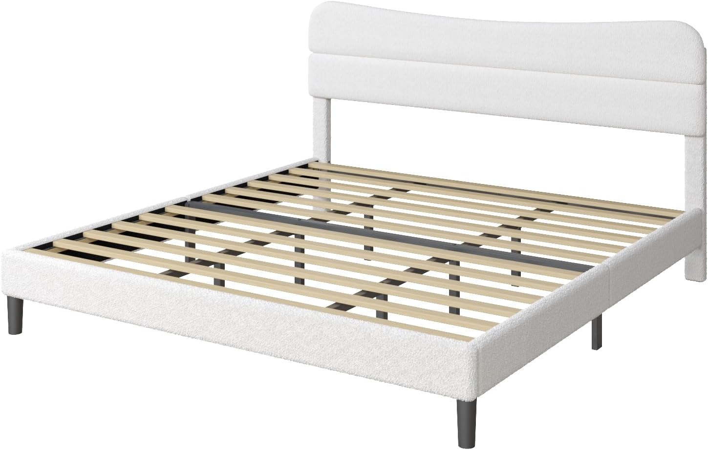 King Size Bed Frame Upholstered King Bed Frame and Headboard, Teddy Soft Boucle Fabric bedframe Soft Cloud Marshmallow Shape Upholstered Headboard