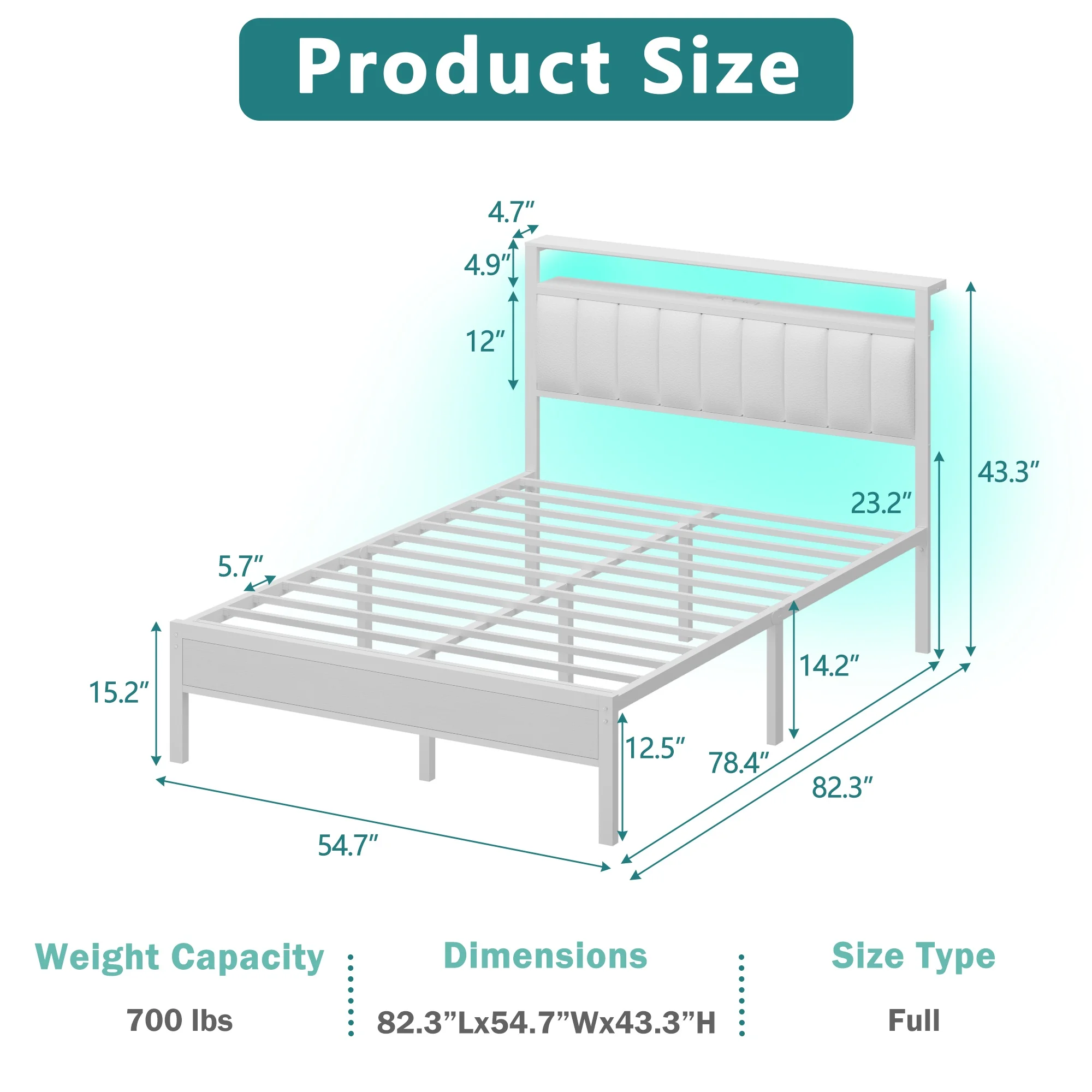 Full Size Bed Frames with LED Lights Charging Station Platform Bed with Metal Slats Headboard with 2-Tier Storage Shelves No Box Spring Needed White