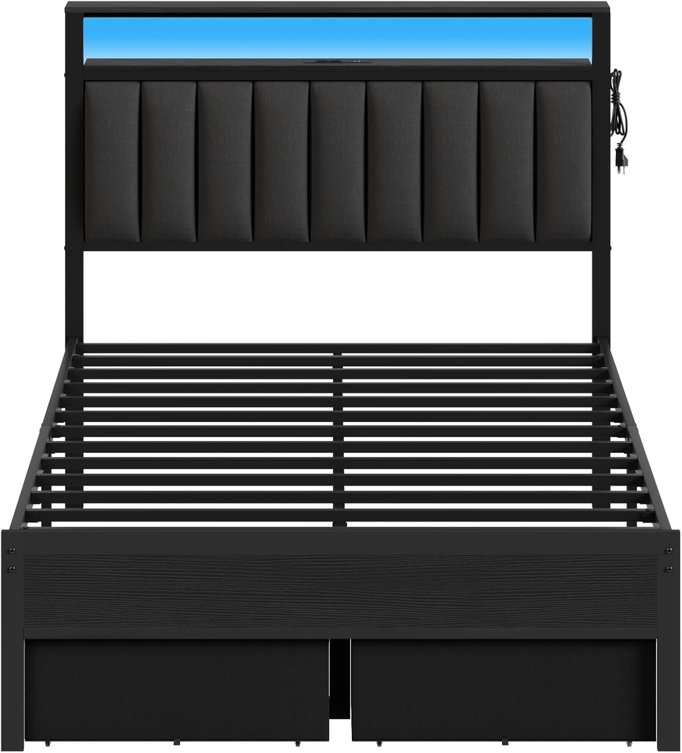 Full Bed Frames Grey Upholstered Headboard with Shelves Metal Platform Bed with 2 Under-Bed Storage (Fabric Drawer on Wheels) No Box Spring Needed