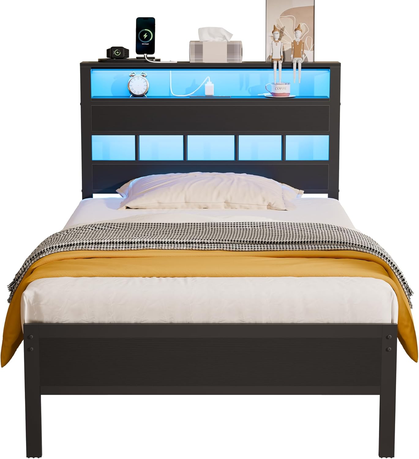 Furnulem Twin Bed Frames with Charging Station LED Light Platform Bed with Metal Slats Wood Headboard with 2Tier Storage Shelves No Box Spring Needed