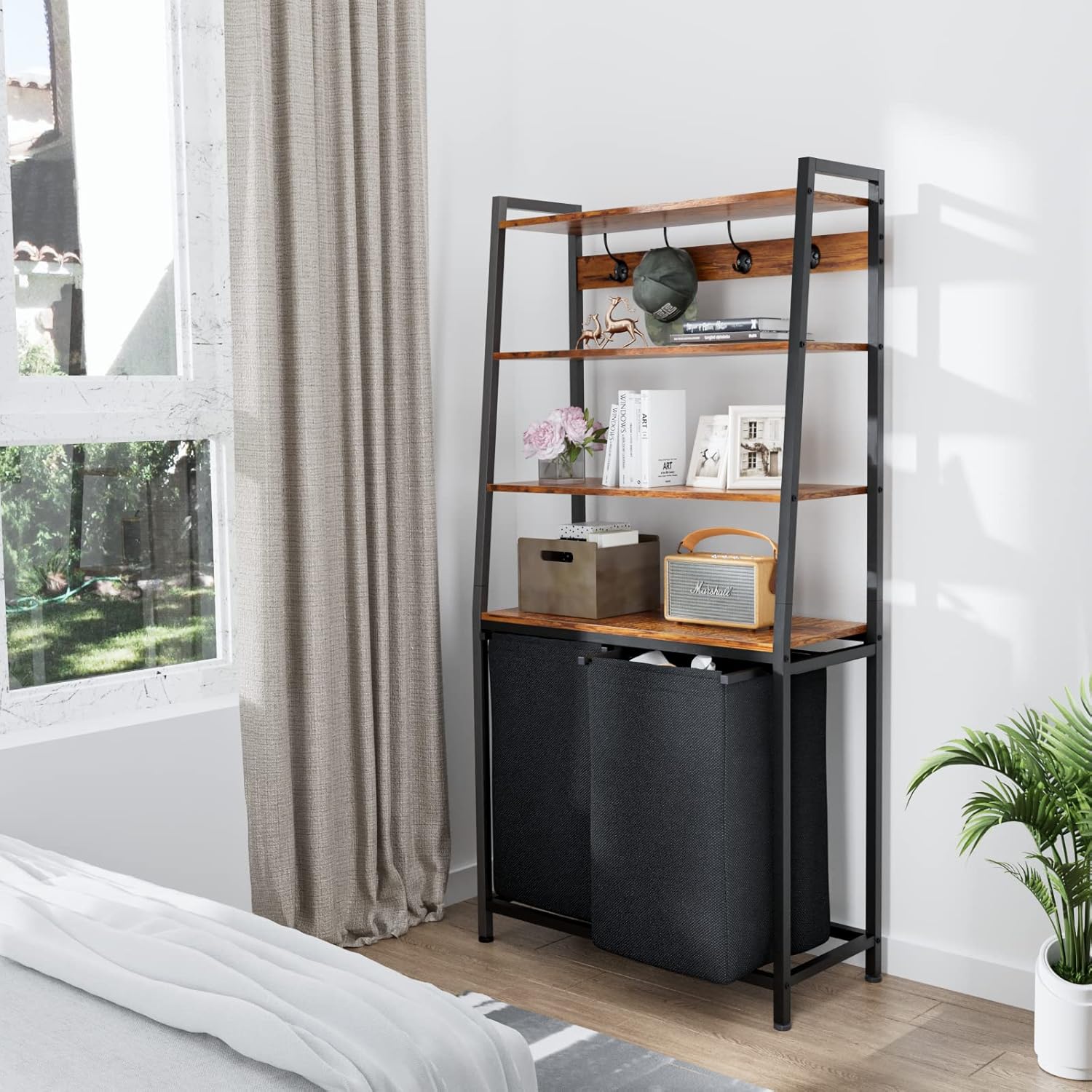 Furnulem 4-Tier Laundry Hamper with Shelf & Hooks – Tall Basket with 2 Removable Bags for Bathroom or Bedroom