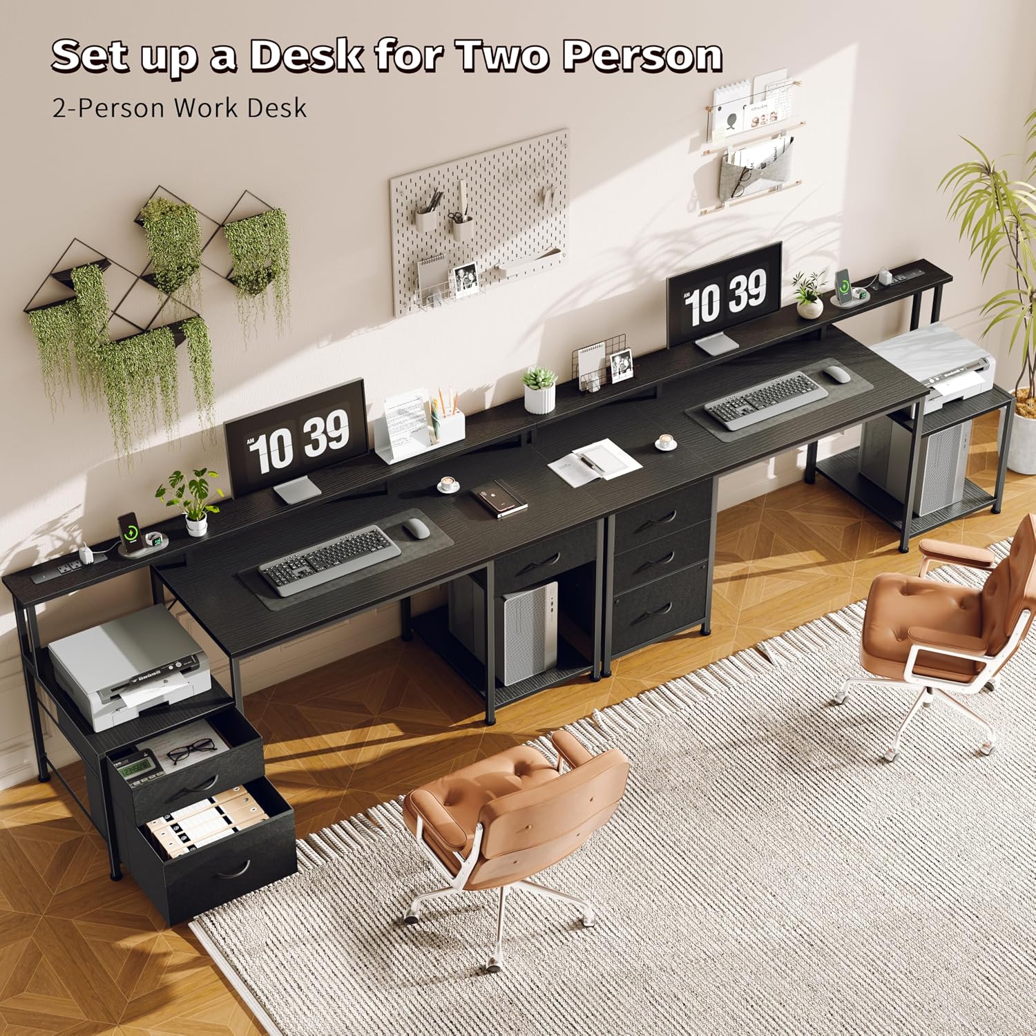 Qwatto 55" Black Computer Desk with 3 Adjustable Drawers and Monitor Stands Home Office Writing Workstation Gaming Table with Multi Storage Shelving
