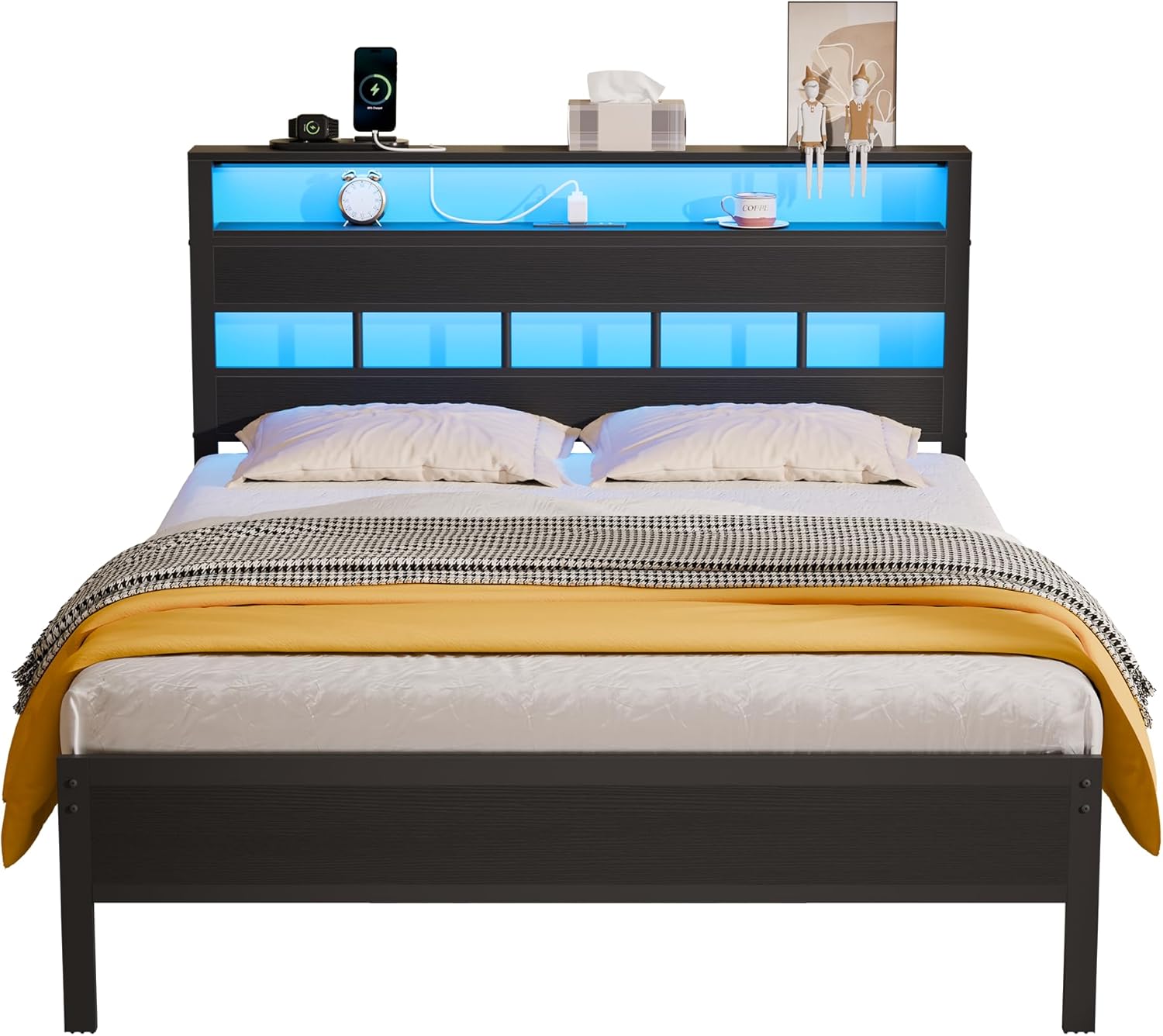 Furnulem Full Size Bed Frame with LED Light and Charging Station Wood Storage Headboard with 2-Tier Shelves Metal Platform Bed with Heavy Duty Slats