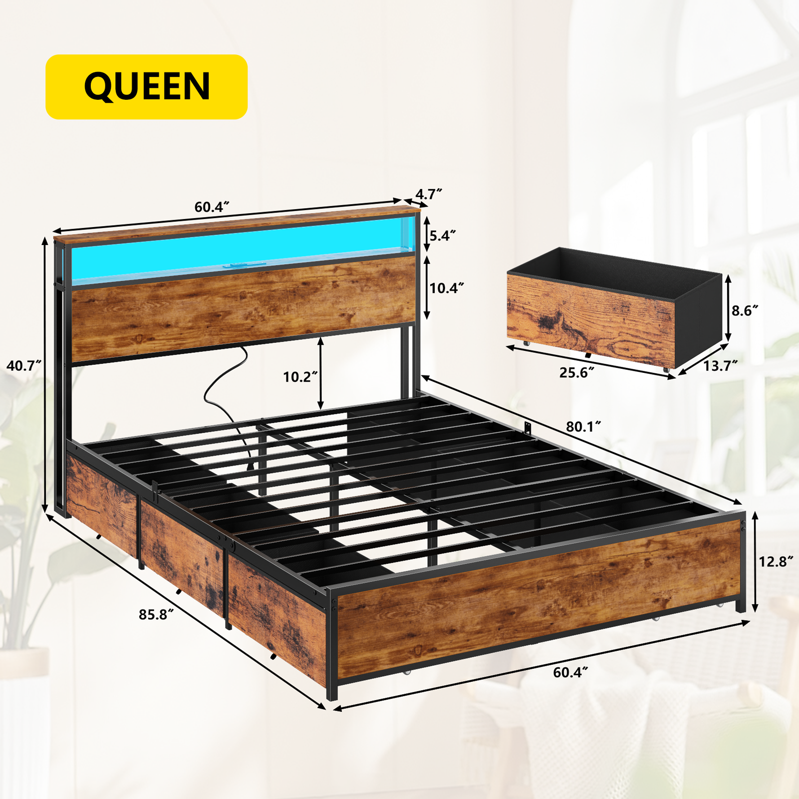 Queen Bed Frame with 6 Storage Drawers Metal Platform Bed Frame with 2-Tier Storage Headboard LED Built in Charging Station No Box Spring Needed