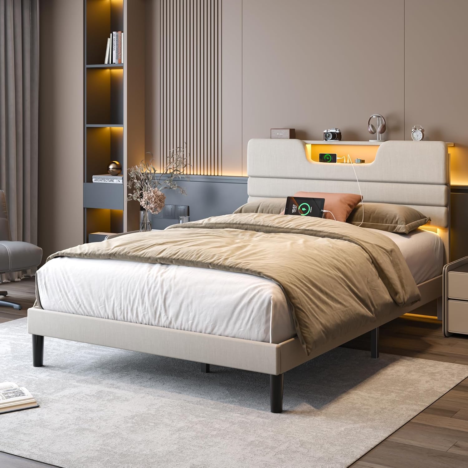 Full Bed Frame with LED Lights, Headboard with Charging Station Upholstered Platform Bedframe Metal Support No Box Spring Needed 2-Tier Storage