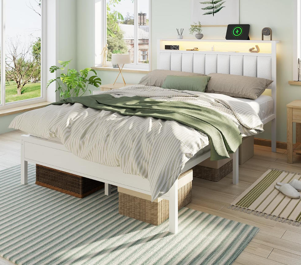 Furnulem White Full Size Bed Frame with Charging Station Led Lights, Pu Leather Upholstered Headboard W/ 2-Tier Storage Shelves No Box Spring Needed