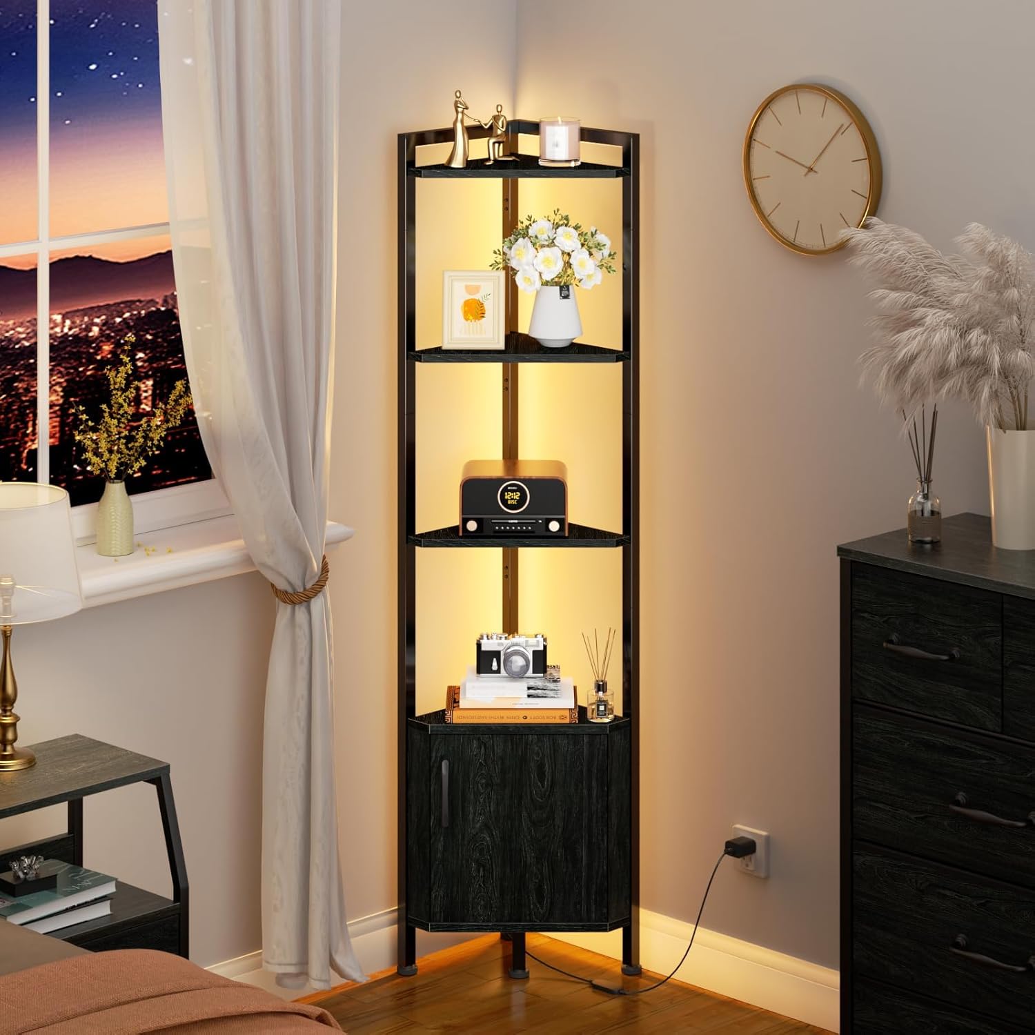 Furnulem 5-Tier Corner Shelf with LED Light, Standing Display Bookshelf with Storage for Bedroom, Living Room, Kitchen
