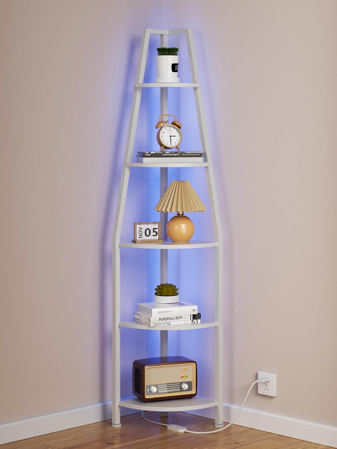 Furnulem 67” LED Corner Shelf, 5-Tier Narrow Bookshelf & Storage Rack for Bedroom, Living Room, Plants