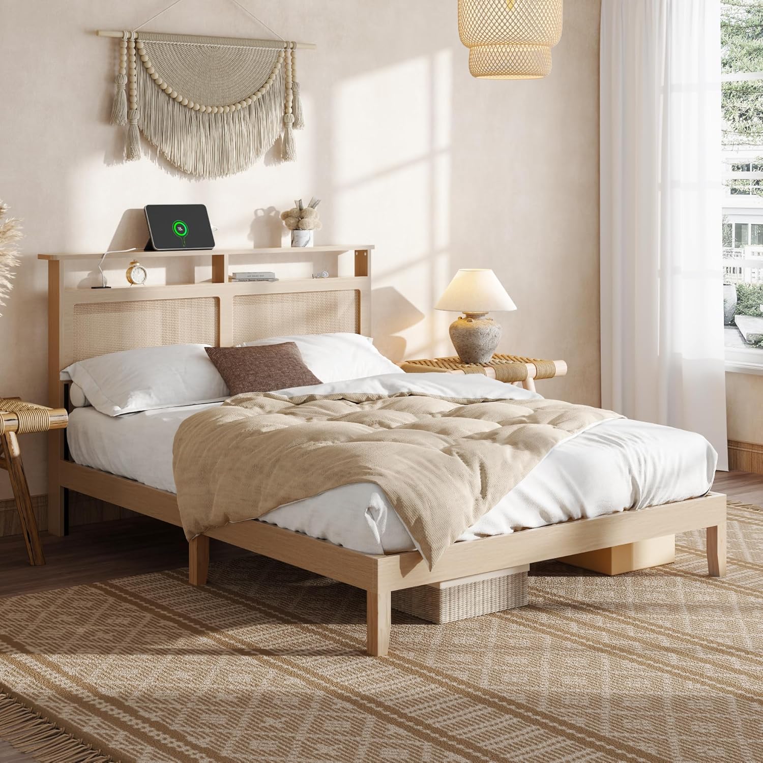 Queen Size Bed Frame Rattan Headboard with LED Lights and Charging Station Boho Bedframe with Storage Shelf and Under Bed Storage Solid Wood Support