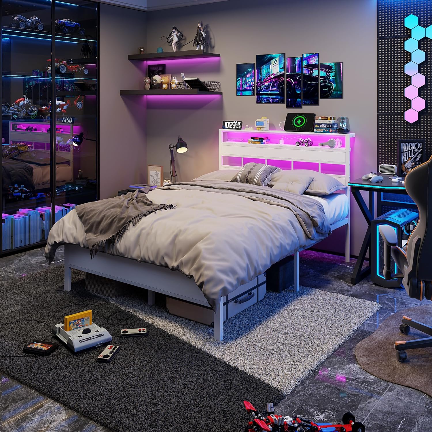 Full Size Bed Frame with Storage Headboard and LED Lights Metal Bedframe with Charging Station and USB Port Platform Bed with Heavy Duty Slats White