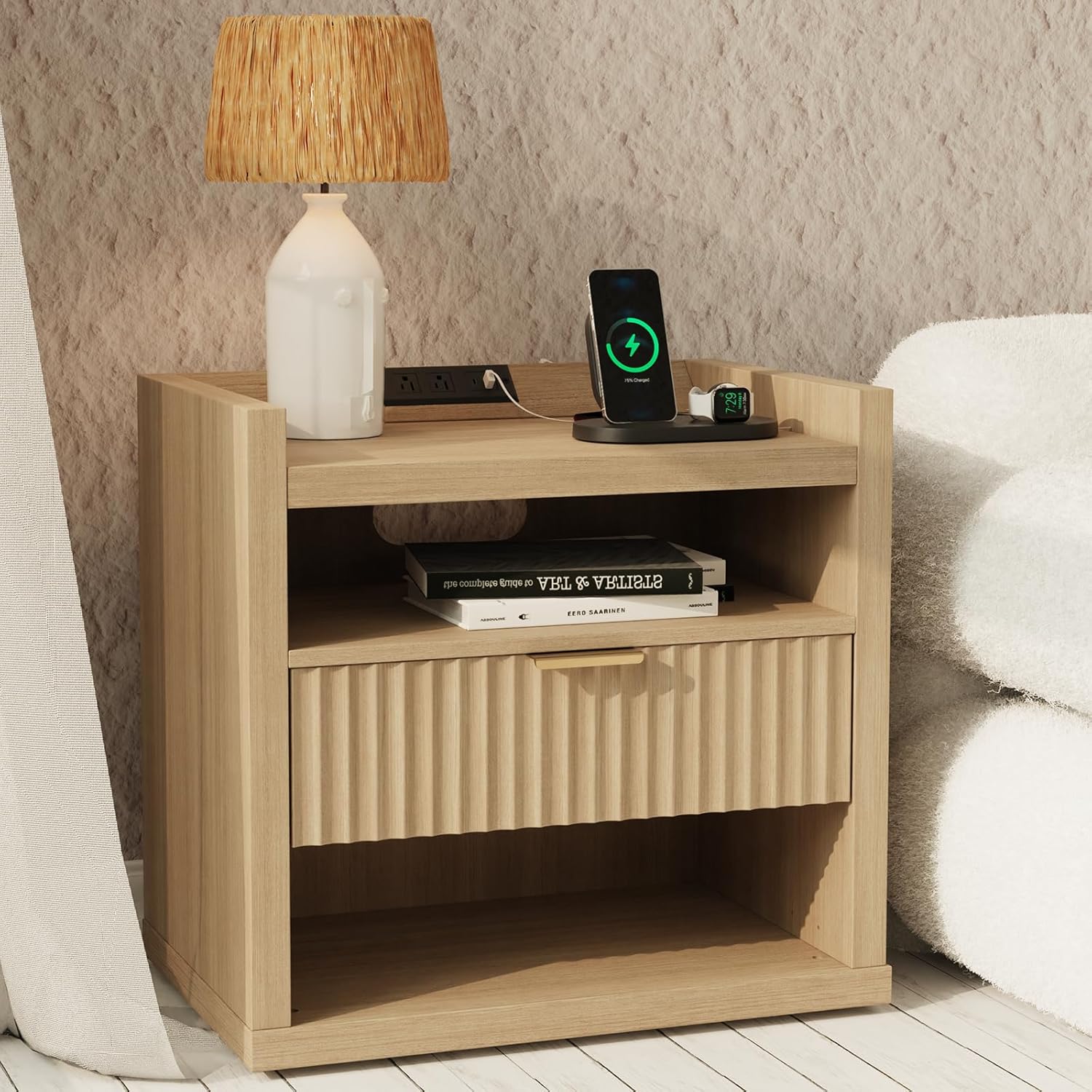 Modern Nightstand With Charging Station 24" Wide Nightstand with Drawer Modern Side Table with Wooden End Table with Open Shelf, for Bedroom Hallway