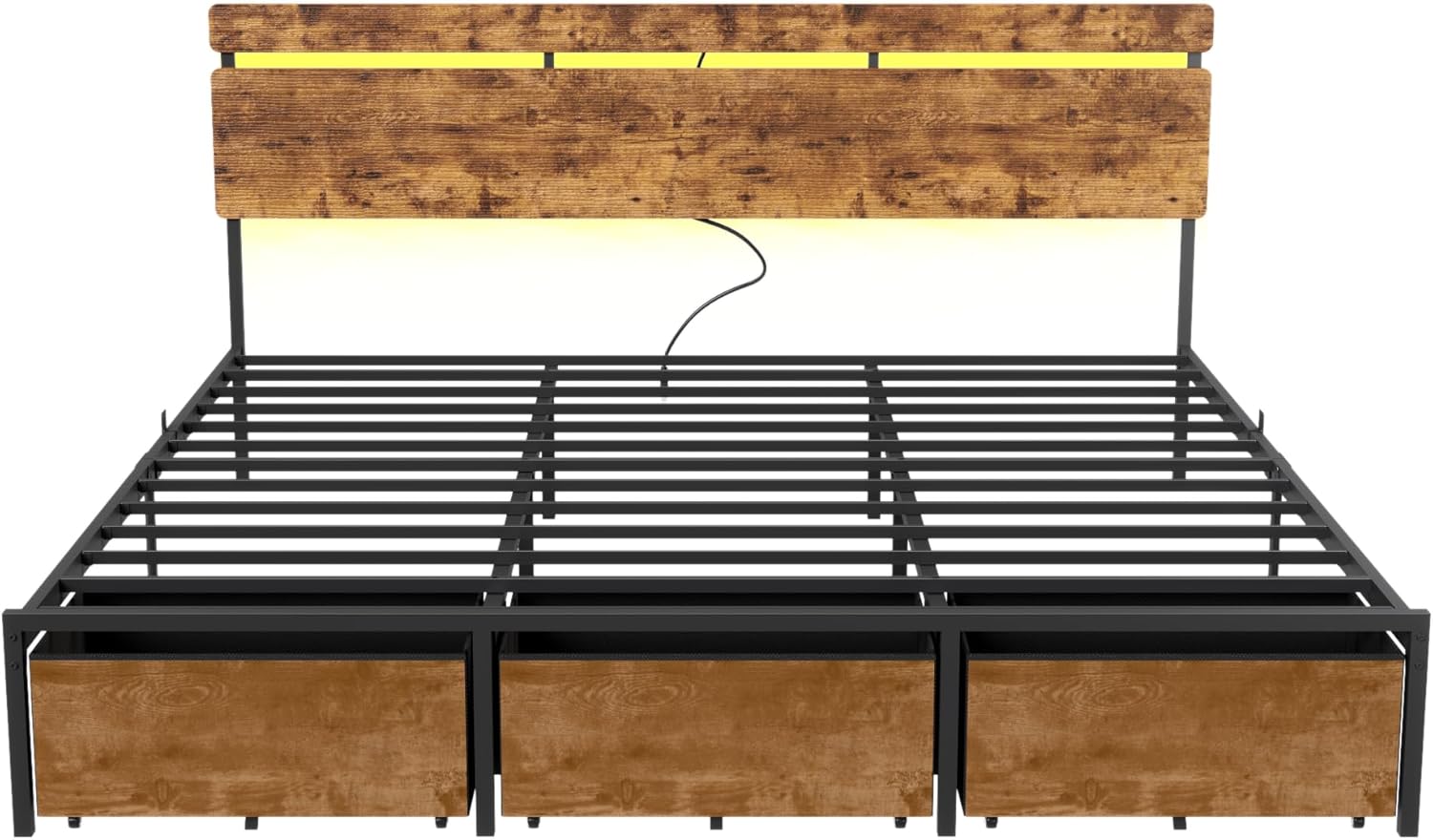 King Size Bed Frame with Wood Headboard, Metal Platform Bed with 3 Storage Drawers Shelf Built-in Charging Station LED Lights No Box Spring Needed