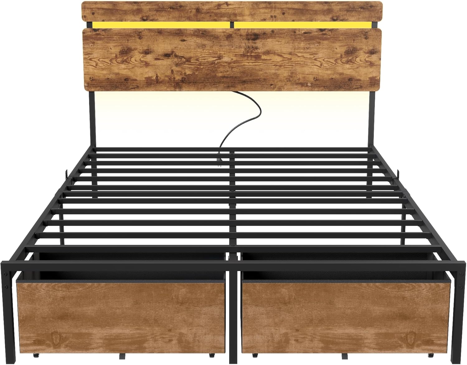 Full Size Bed Frame with Wood Headboard Metal Platform Bed with 2 Storage Drawers Shelf Built in Charging Station LED Lights No Box Spring Needed