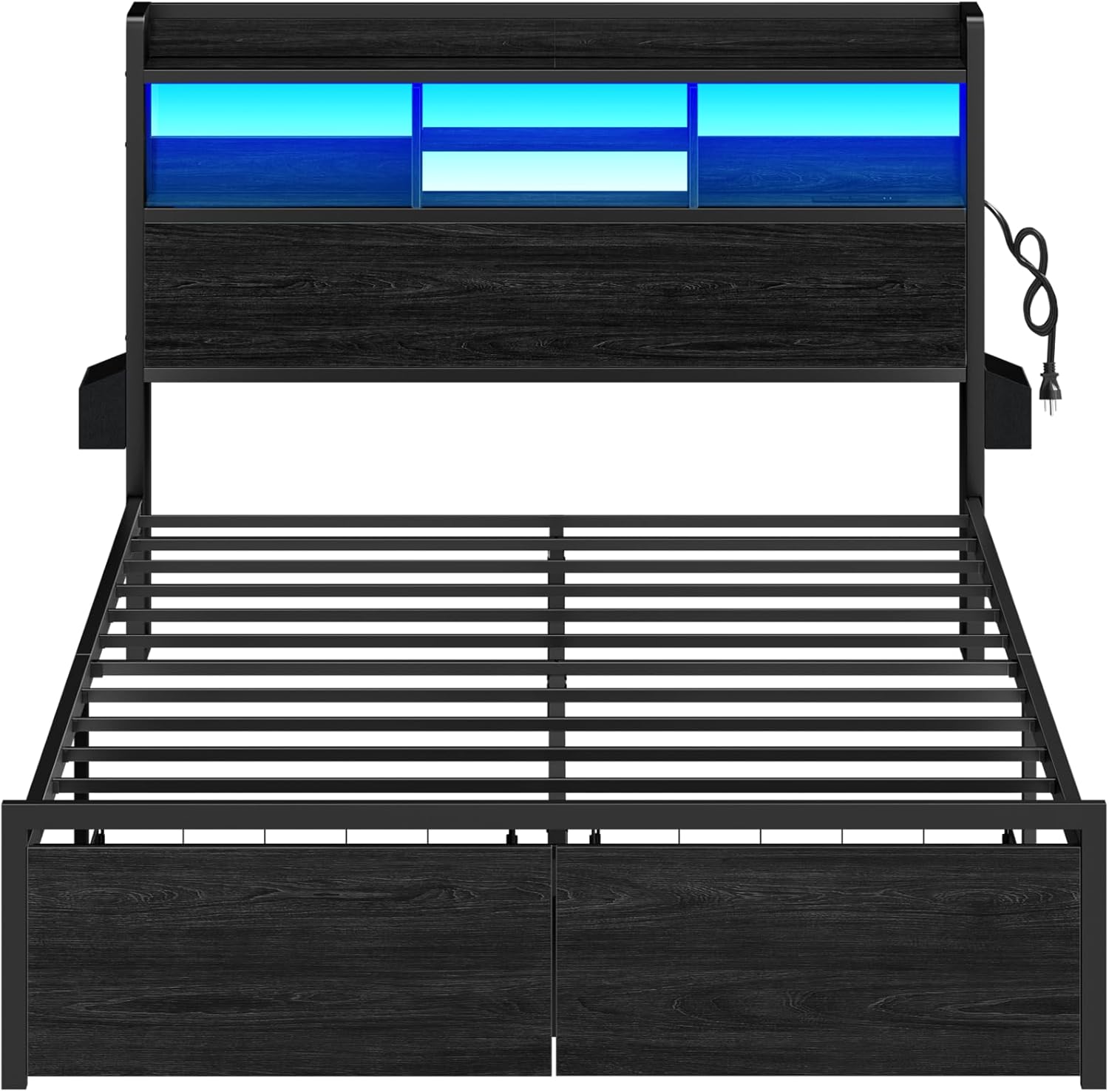 Furnulem Queen Bed Frame with Wood Headboard and Storage Shelf Metal Platform Bed Frame Queen Size with Storage Drawers No Box Spring Needed Black