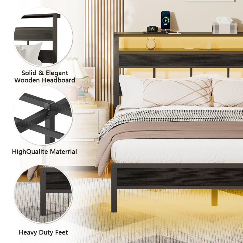Furnulem Queen Bed Frame with Storage Headboard, LED Lights & Charging Station