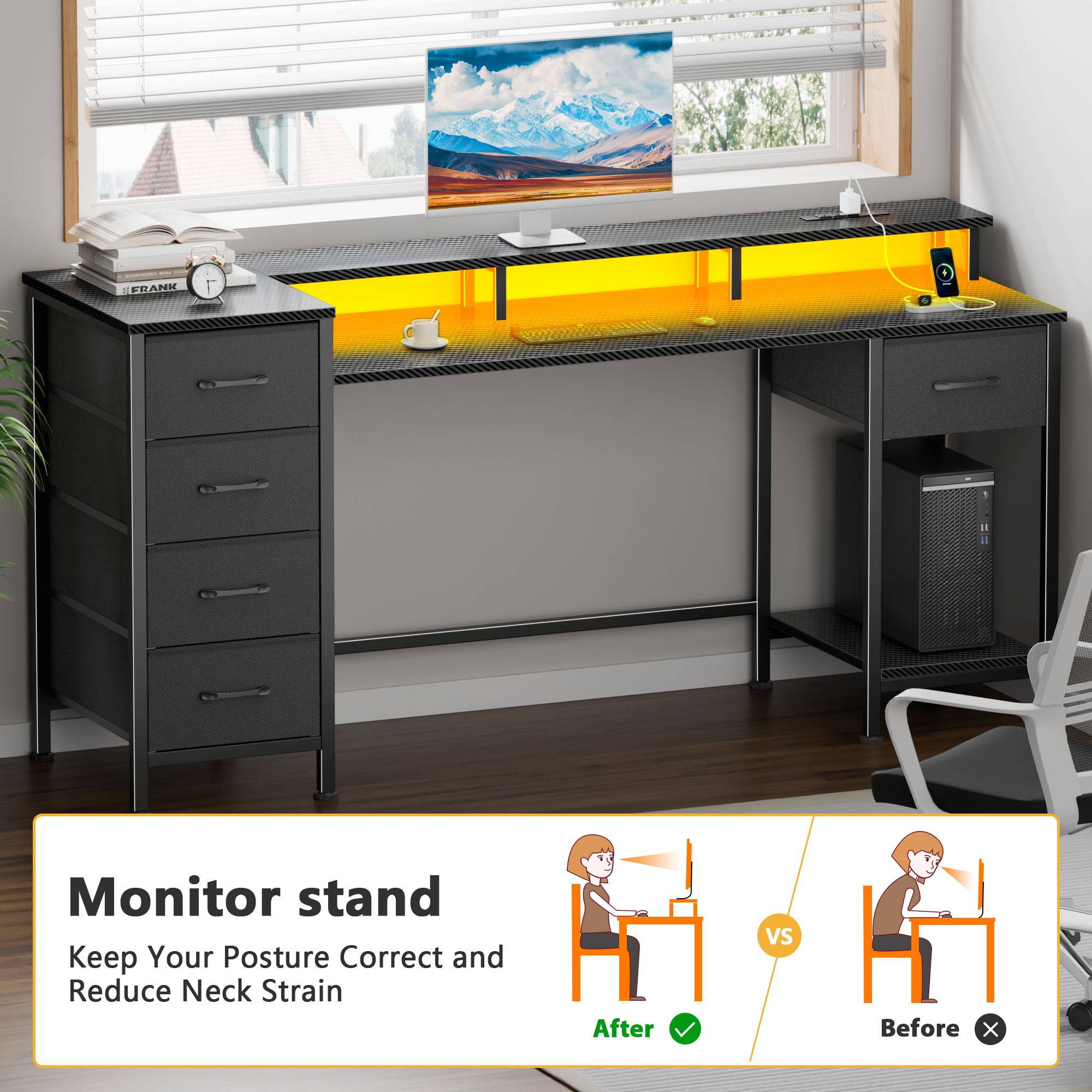 Qwatto 55 Inch Computer Desk with Charging Station Reversible Gaming Desk LED Lights Fabric Drawers Home Office Writing Table Bedroom Study Storage