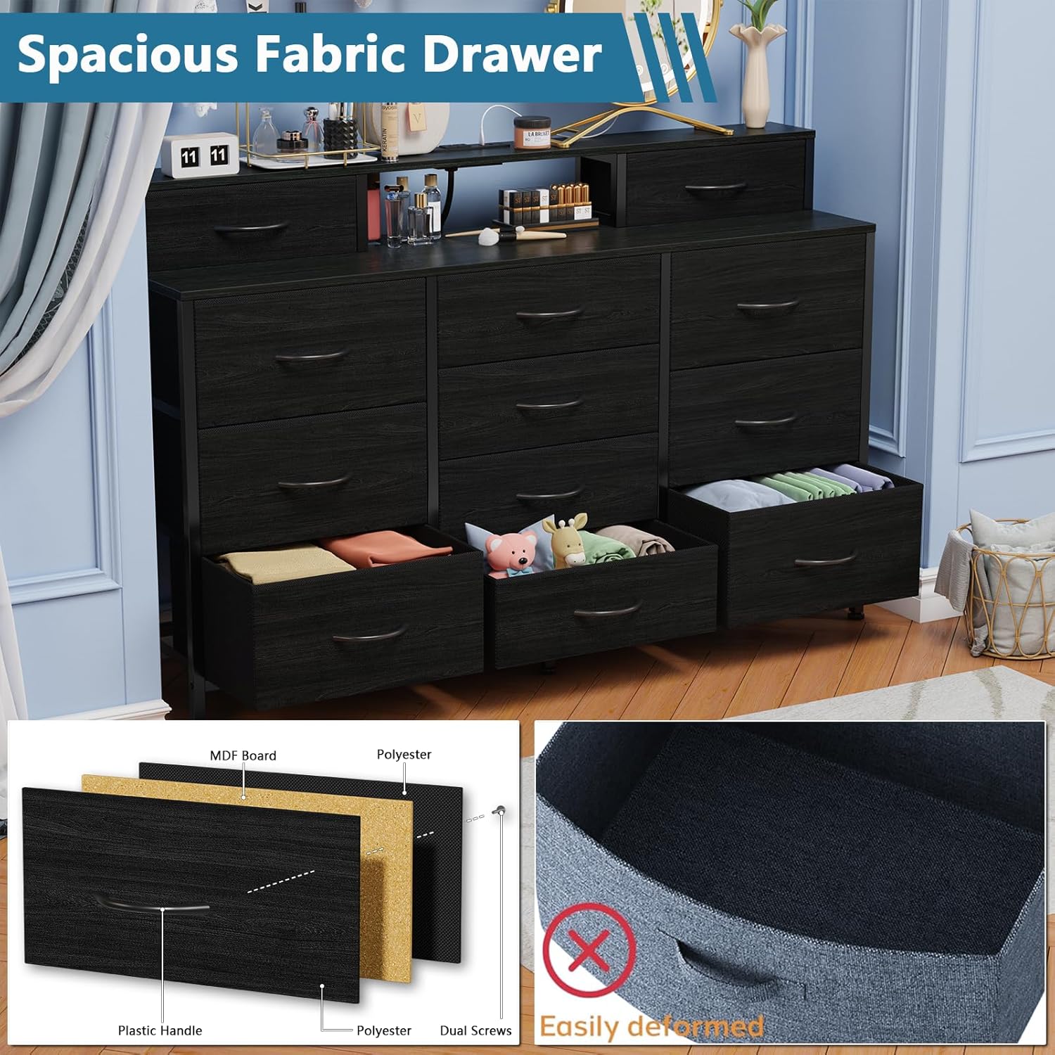 Furnulem 55" W Dresser for Bedroom with LED Lights and Power Outlets Black Large 12 Storage Drawers Long Fabric Chests Dressers with 2 Shelves