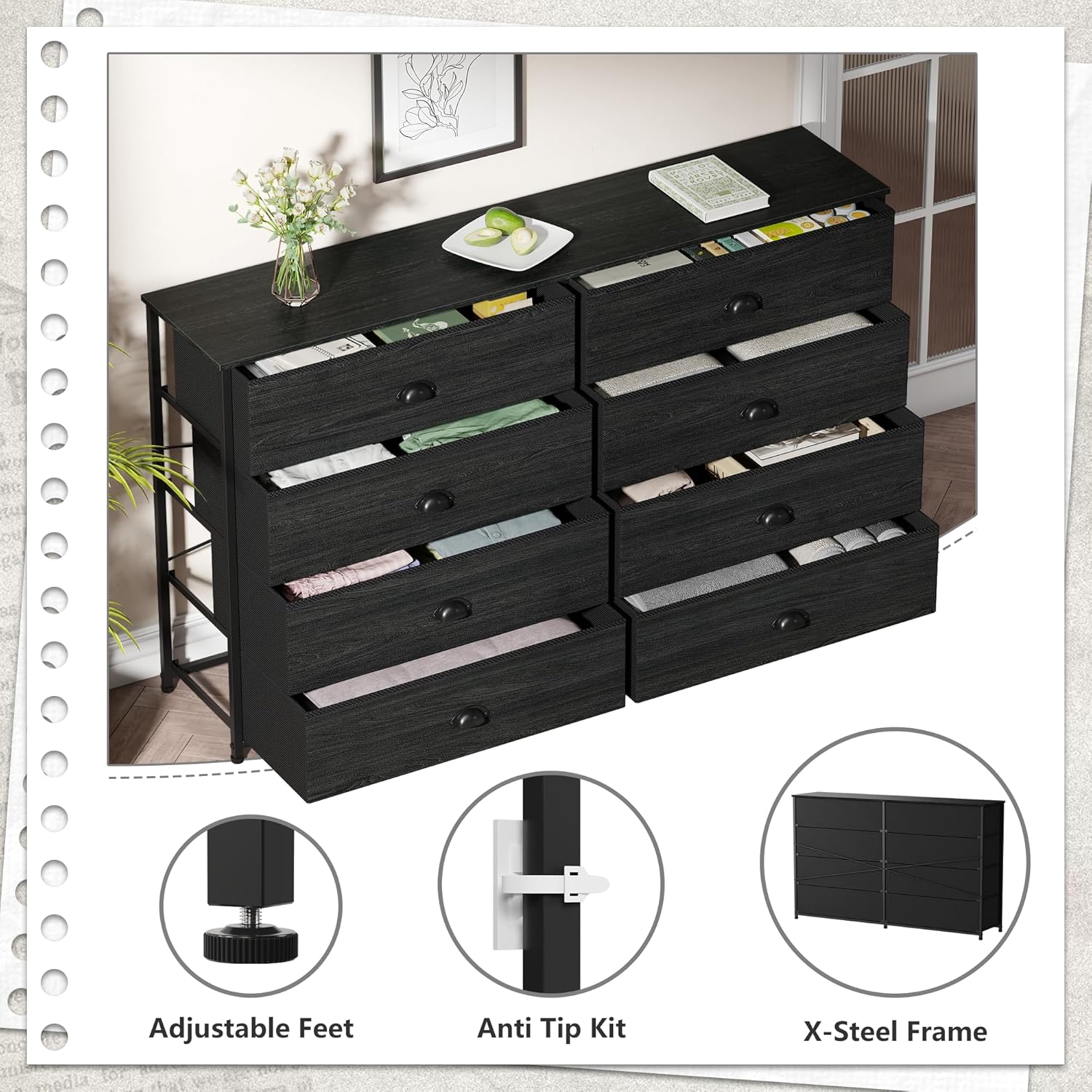 Furnulem Wide Dresser with 8 Fabric Drawers TV Entertainment Center with Storage for 55'' TV Large Chest of Drawers for Bedroom Living Closet Entryway