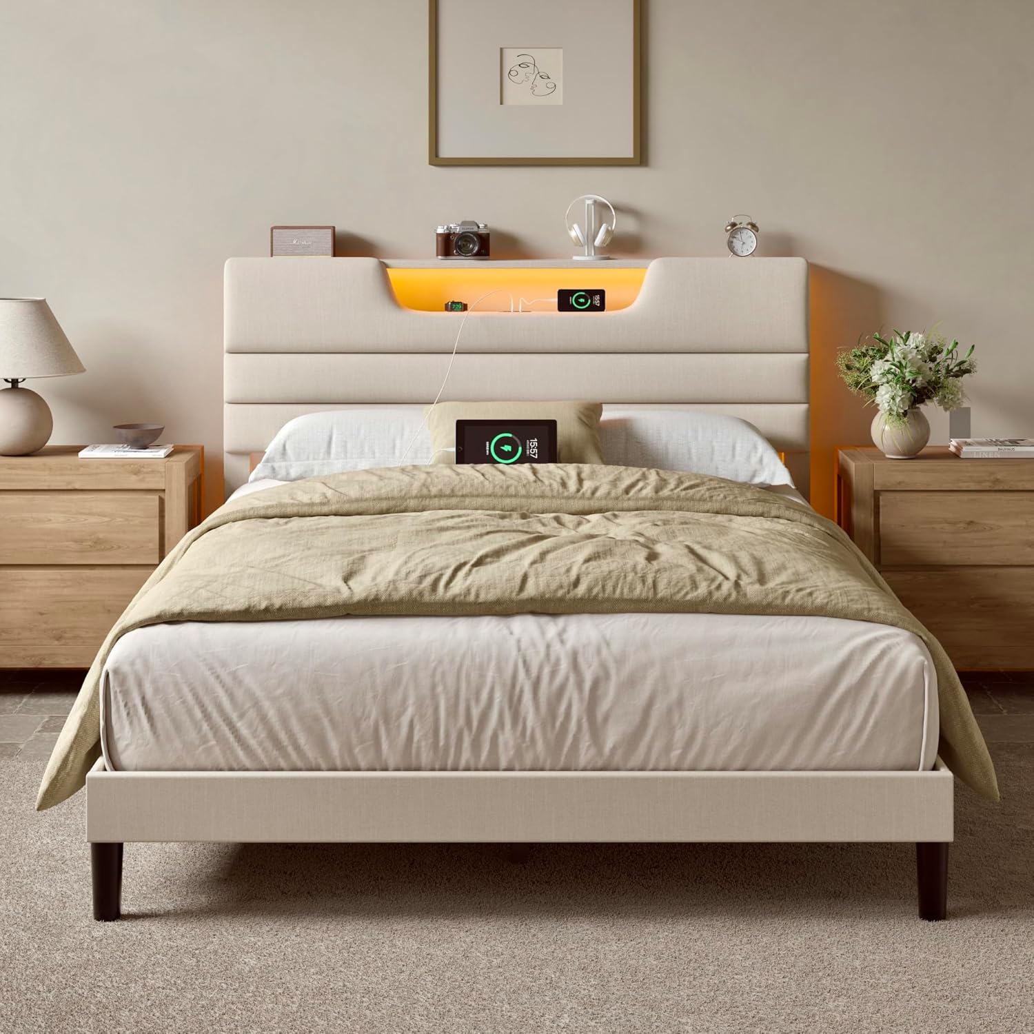 Queen Size Bed Frames with Upholstered Headboard Modern Platform Bed with Bed Frame with Sturdy Wooden Slats/No Box Spring Needed/2-Tier Storage Beige