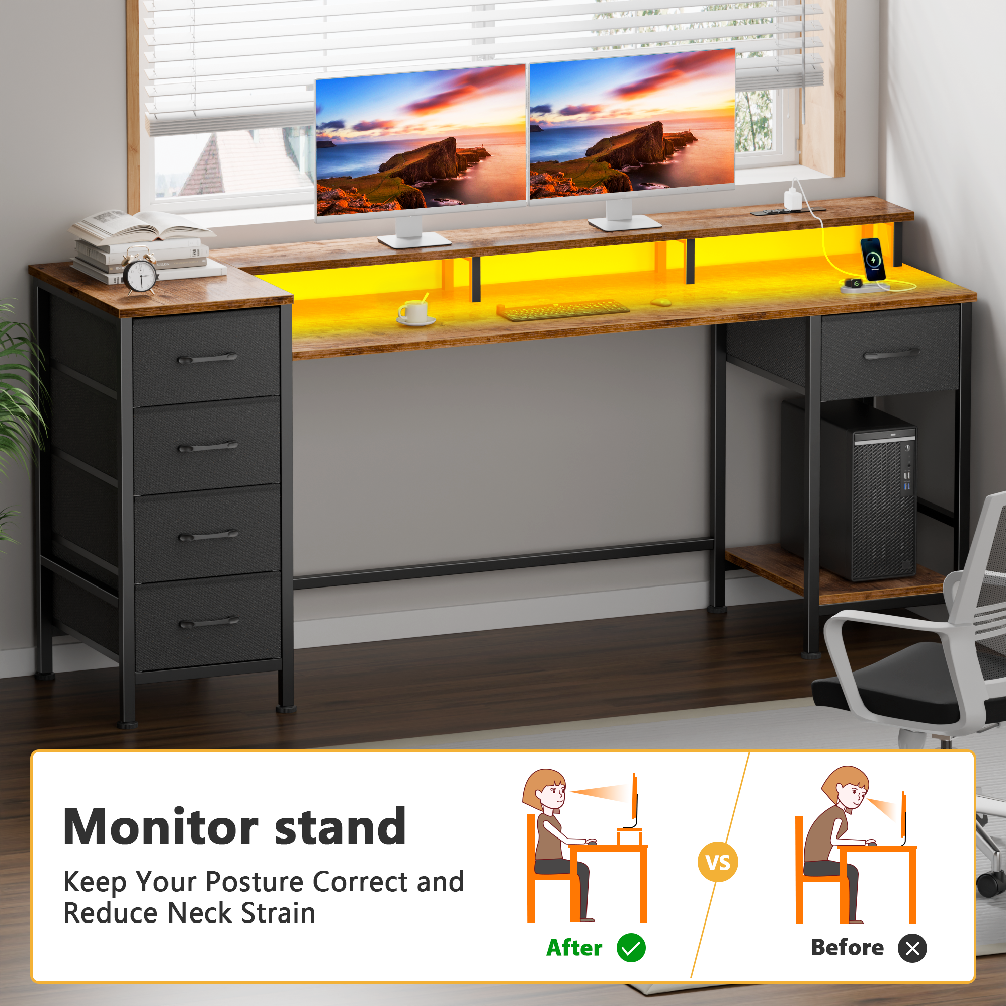 61 Inch Brown Computer Desk with Charging Station Gaming Desk LED Lights Reversible 5 Fabric Drawers Home Office Writing Table Study Storage